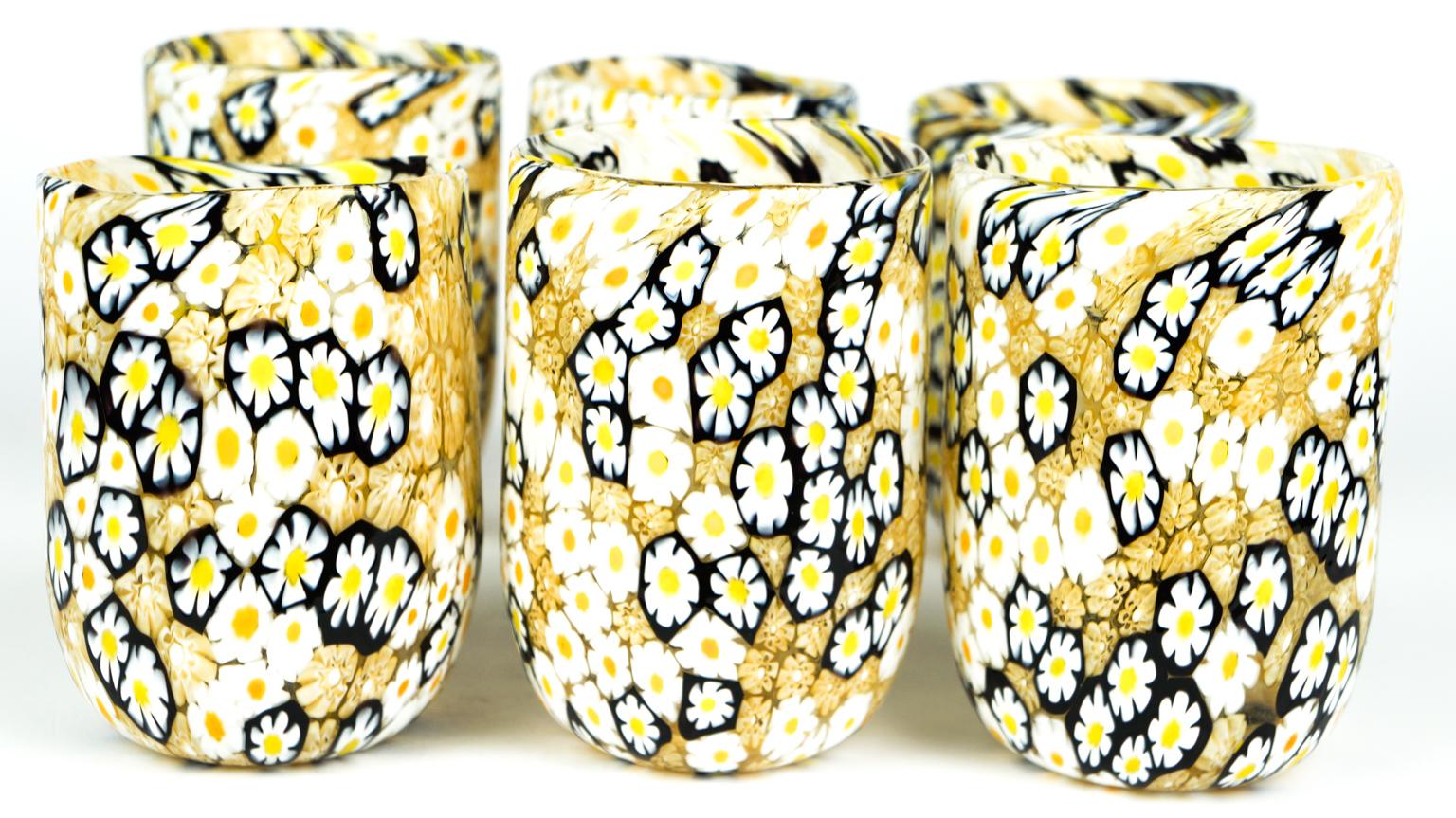 Italian Mid-Century Modern Murrina Millefiori Set of 6 Murano Drinking Glasses Tumbler For Sale