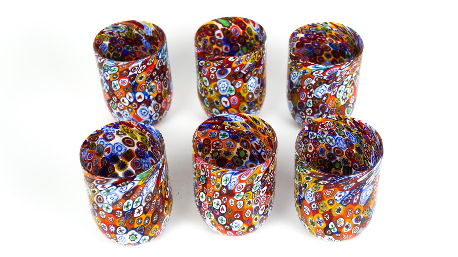 Late 20th Century Mid-Century Modern Murrina Millefiori Set of 6 Murano Drinking Glasses Tumbler