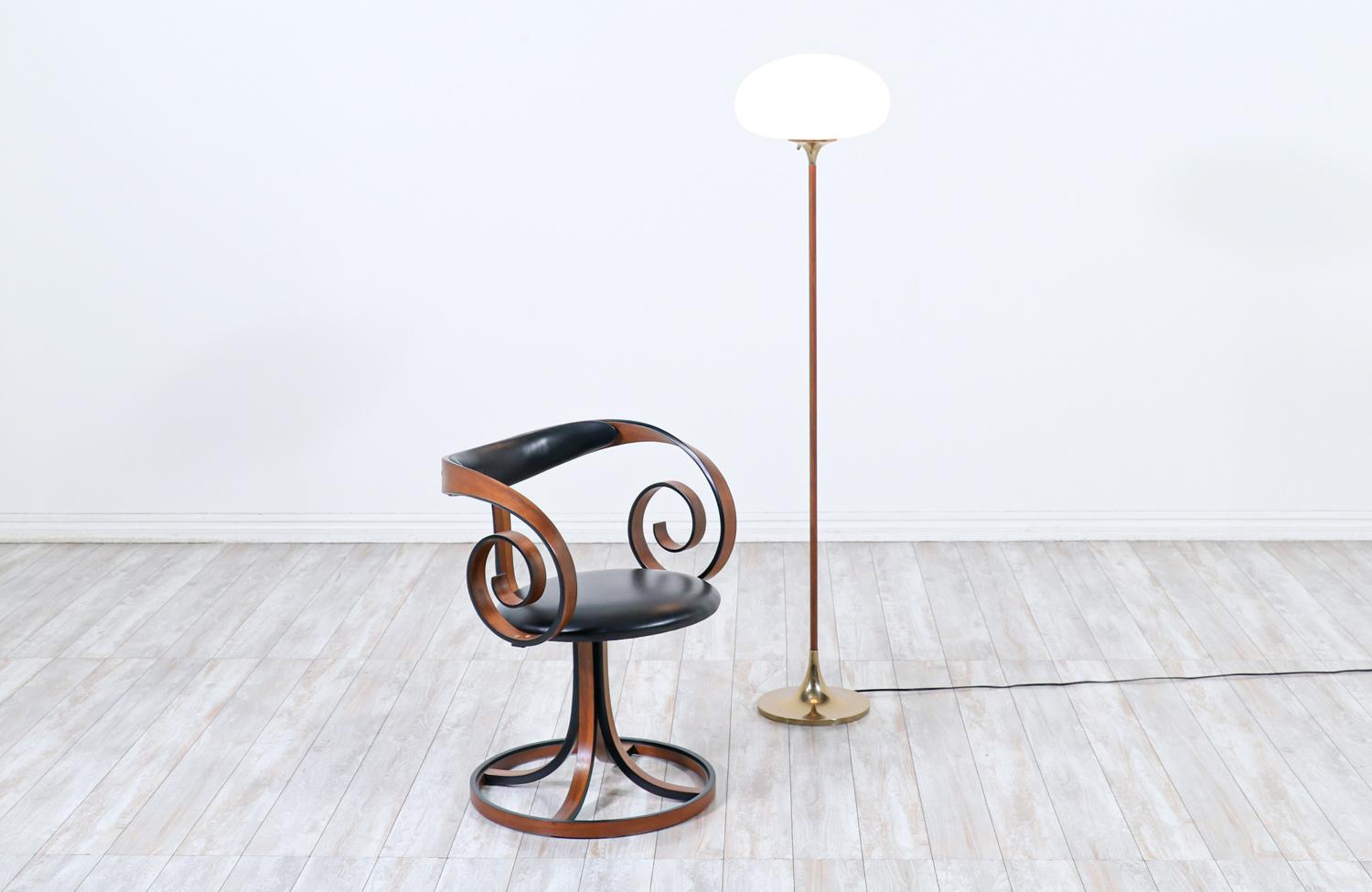 Mid-Century Modern “Mushroom” brass & teak stem floor lamp by Laurel.