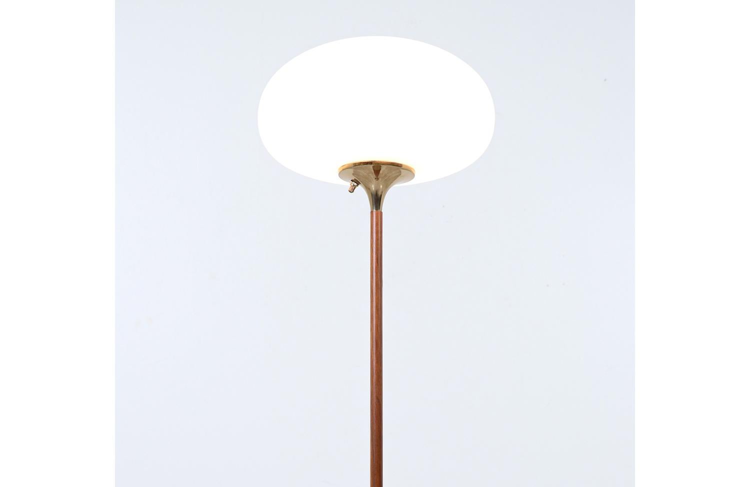 American Mid-Century Modern “Mushroom” Brass & Teak Stem Floor Lamp by Laurel