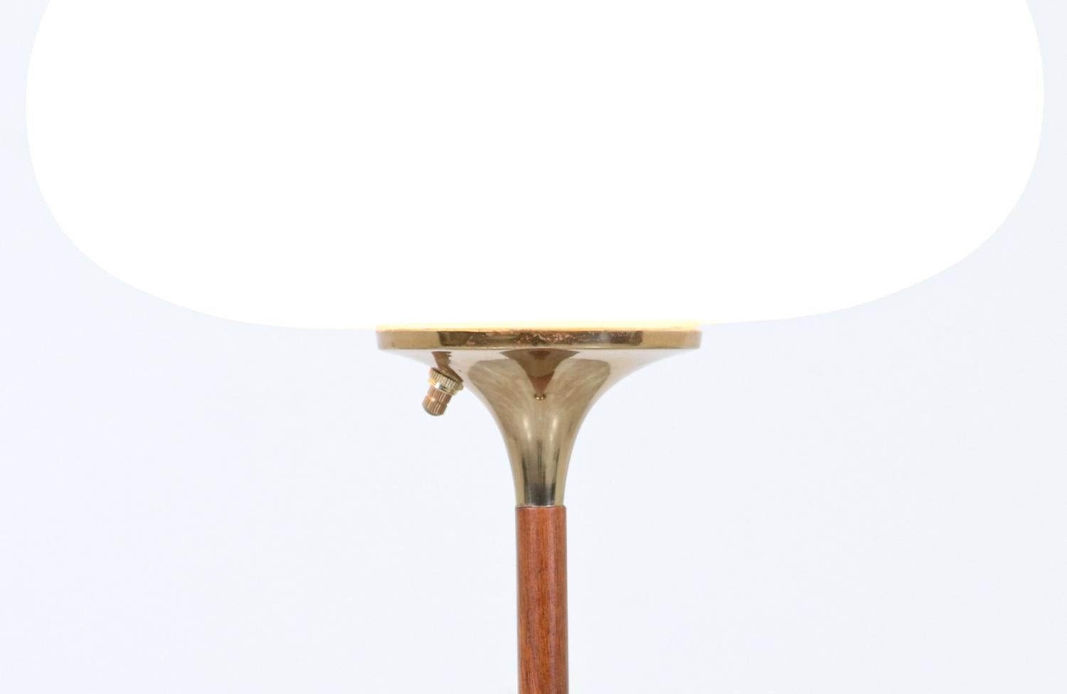 Mid-20th Century Mid-Century Modern “Mushroom” Brass & Teak Stem Floor Lamp by Laurel