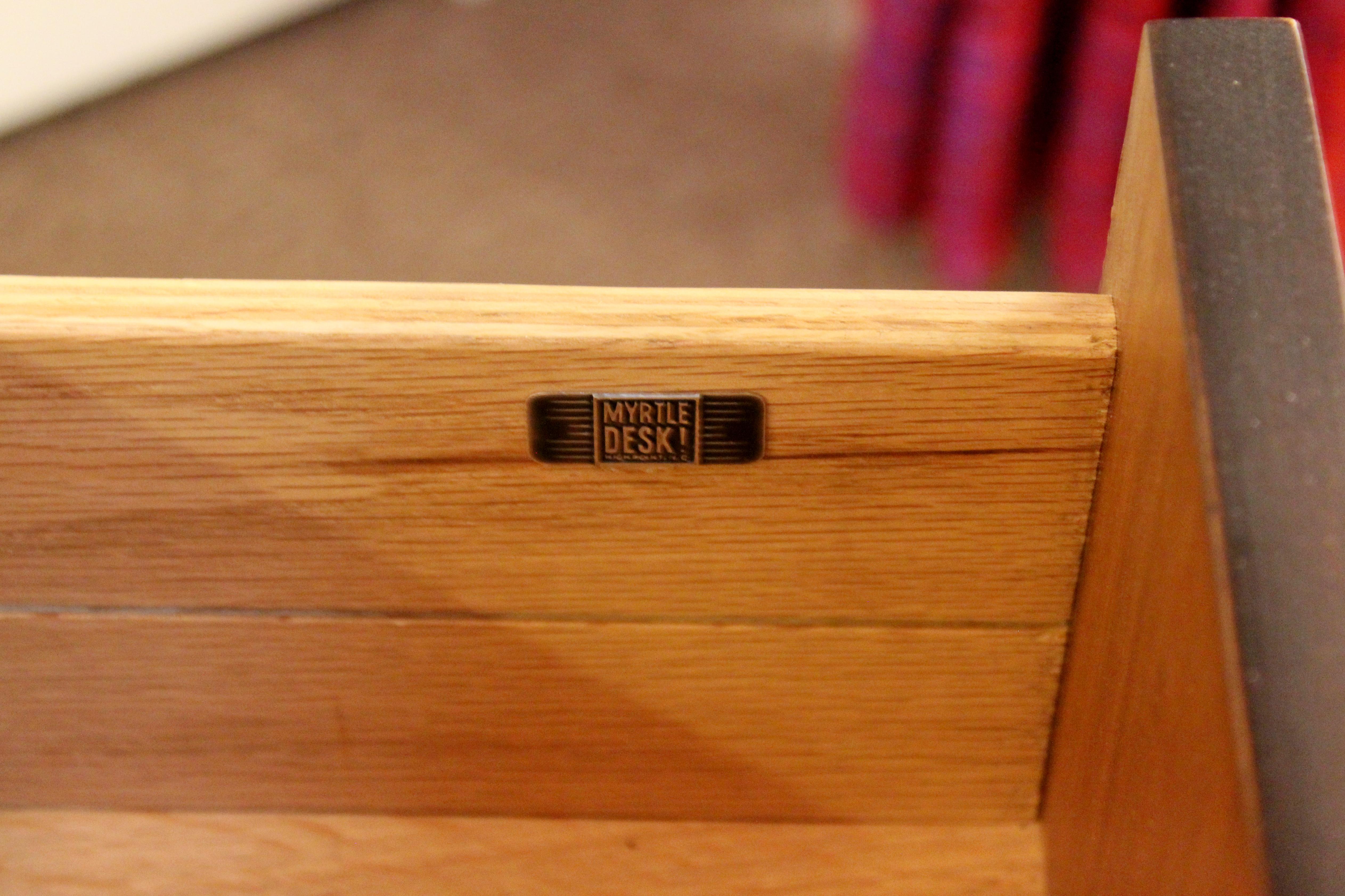 Mid-Century Modern Myrtle Desk Cantilever Credenza Walnut Brass, 1960s In Good Condition In Keego Harbor, MI