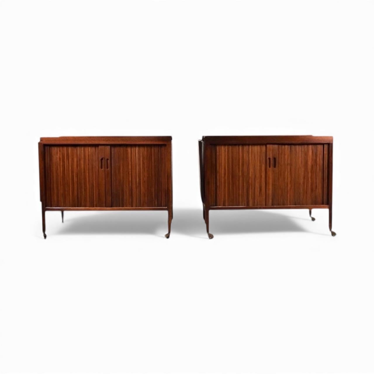 Acajou Mid-Century Modern Nat'l. Mt. Airy Side Tables Bar Carts Tambour Doors - Pair en vente