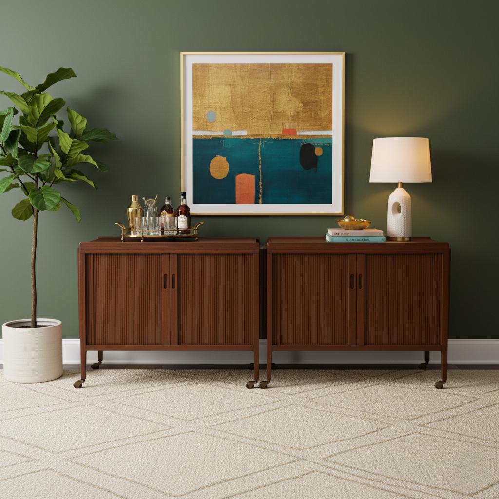 Mid-Century Modern Nat'l. Mt. Airy Side Tables Bar Carts Tambour Doors - Pair en vente 3