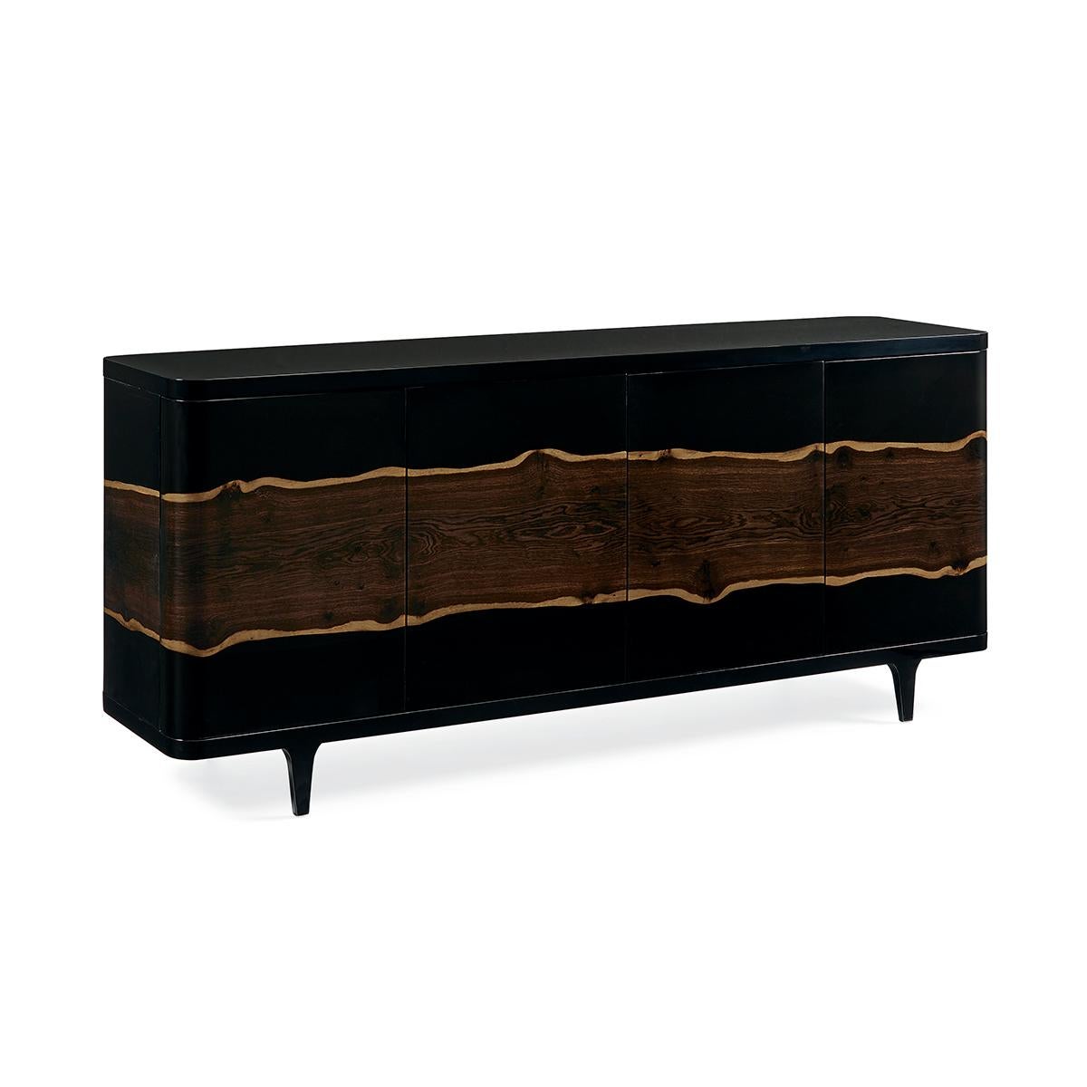 Mid-Century Modern Natural Buffet, this awe-inspiring buffet celebrates the authentic beauty of a slice of an Oak tree. A Piano Black case is inset with a striking band of live edge fumed oak that dramatically wraps around its entire façade. Lifted