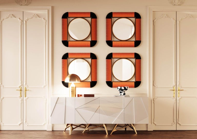 Hand-Crafted 21th Century Modern Bohemian Square Wall Mirror in Natural Black & Orange Fiber  For Sale