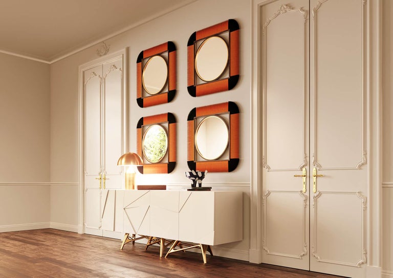 21th Century Modern Bohemian Square Wall Mirror in Natural Black & Orange Fiber  In Distressed Condition For Sale In Porto, PT