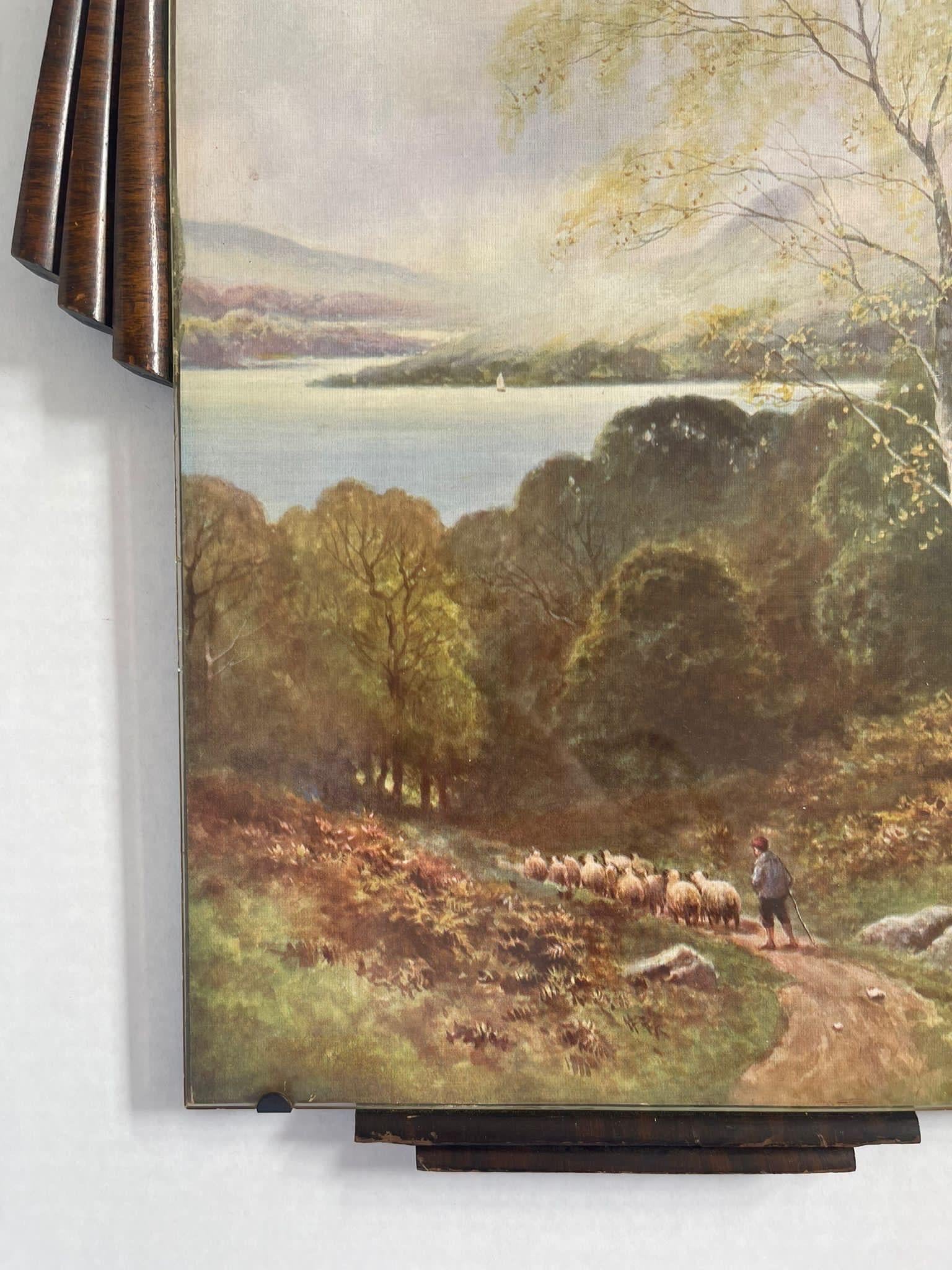 Peaceful Sheep Herding Scene within Art Deco Frame.Possibly 30s Vintage Hardware For Sale 3
