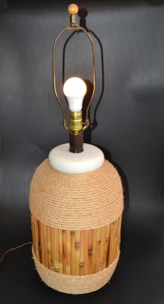 Mid-Century Modern Nautical Ceramic Table Lamp Enfold In Bamboo & Rope 1970s