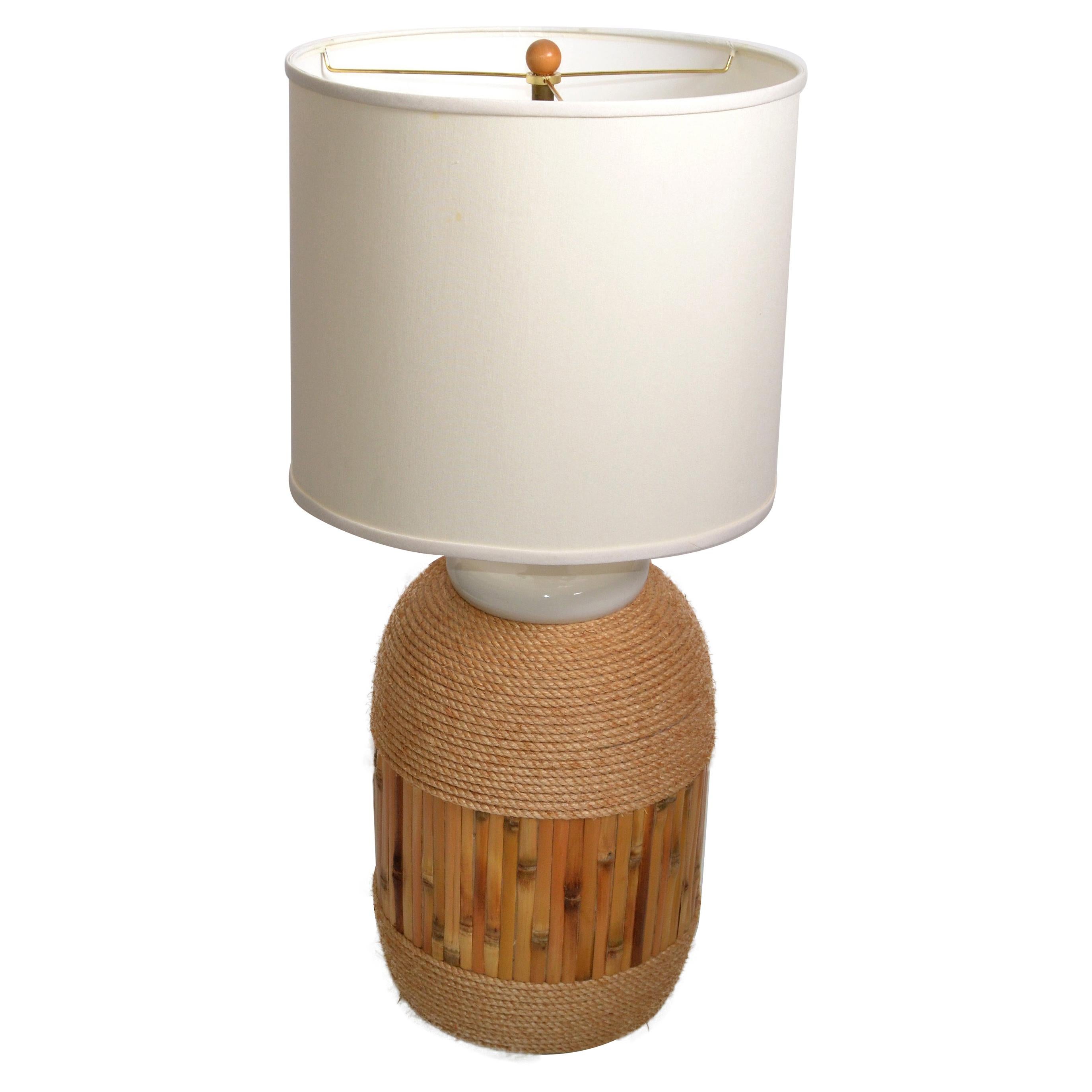 Mid-Century Modern Nautical Ceramic Table Lamp Enfold In Bamboo & Rope 1970s