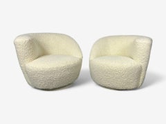 Mid-Century Modern Nautilus Style Swivel Chairs, Kidney-Shape, White Boucle