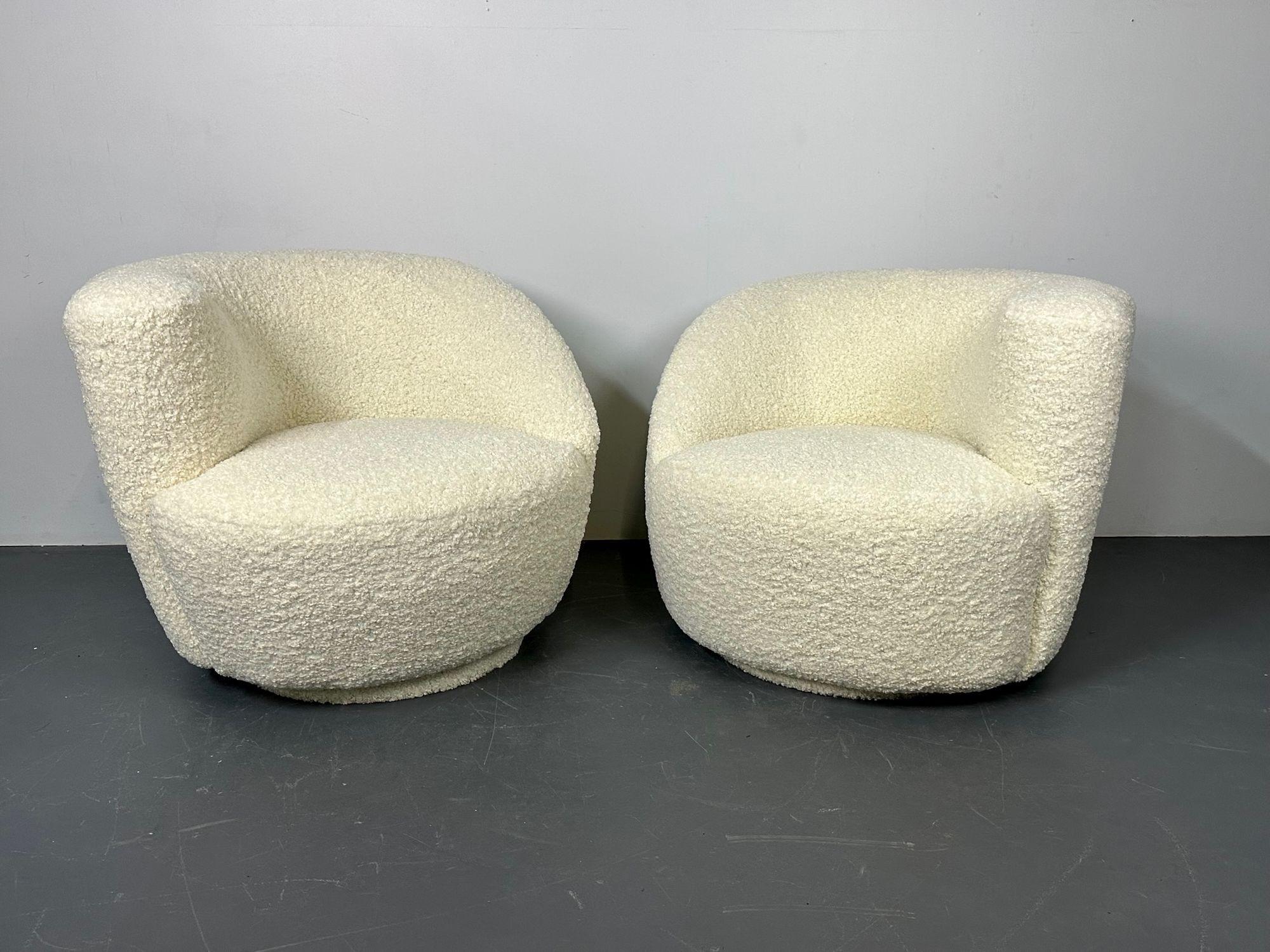 American Mid-Century Modern Swivel Chairs, Kidney-Shape, White Boucle For Sale