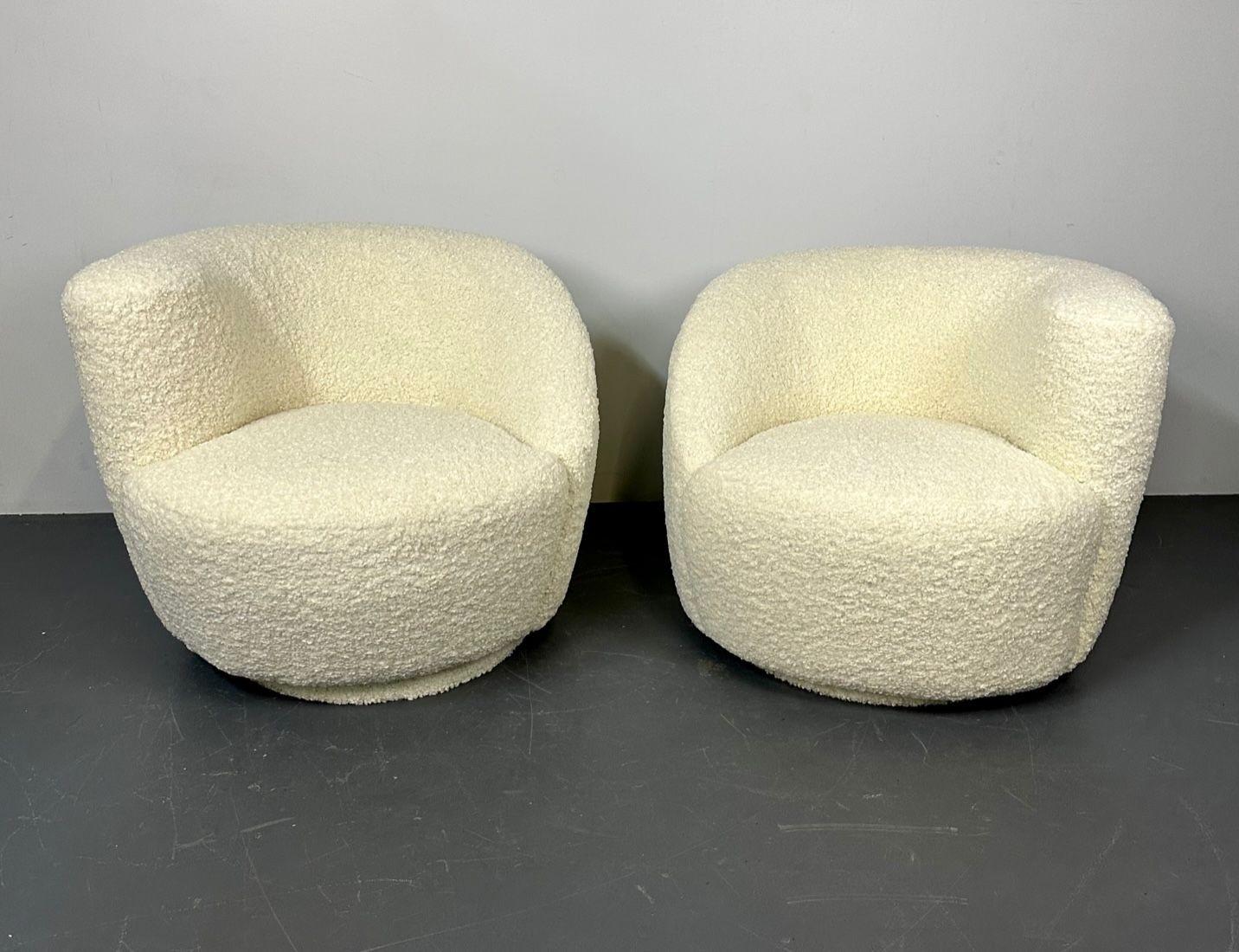 Mid-Century Modern Swivel Chairs, Kidney-Shape, White Boucle In Good Condition For Sale In Stamford, CT