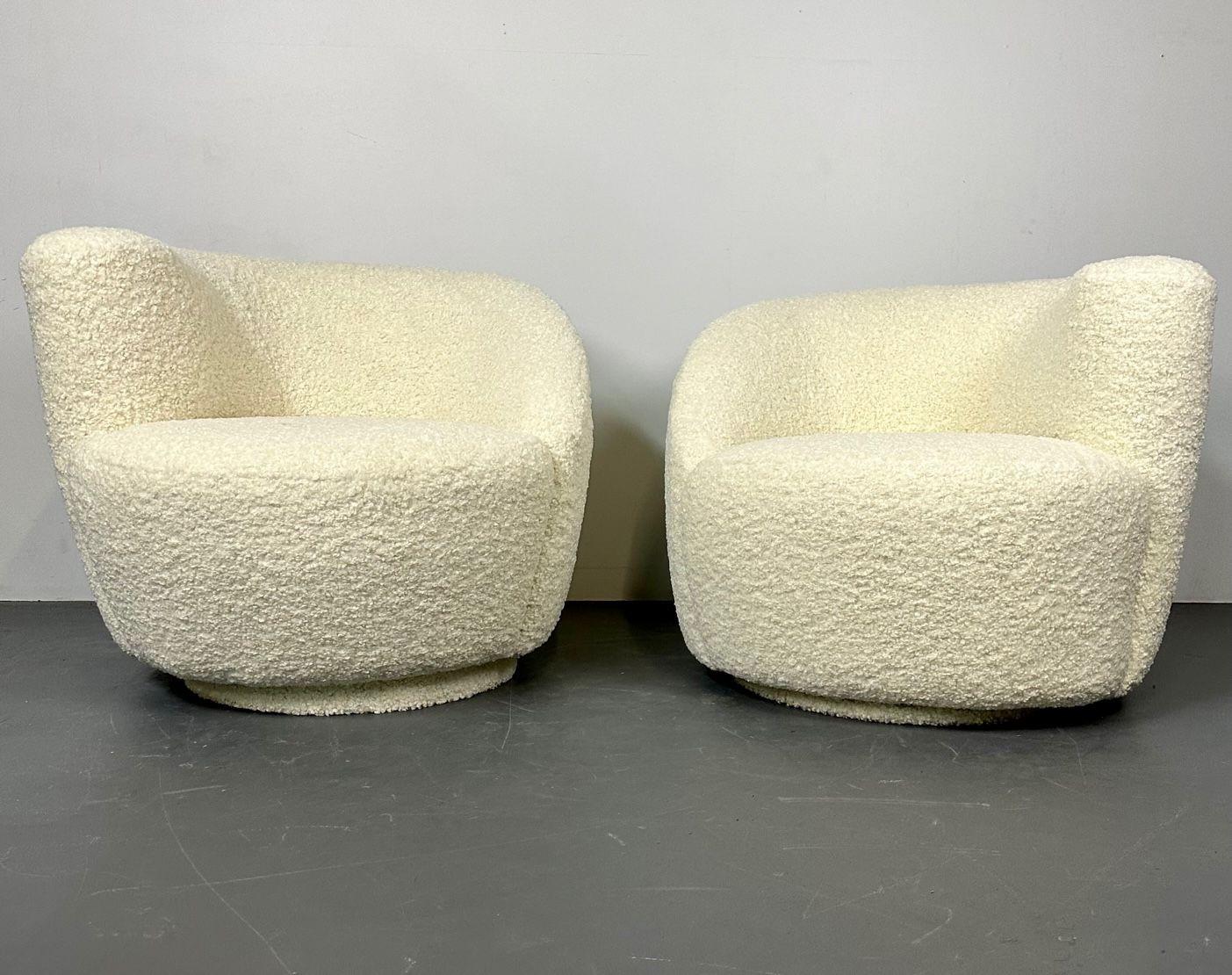 Late 20th Century Mid-Century Modern Swivel Chairs, Kidney-Shape, White Boucle For Sale