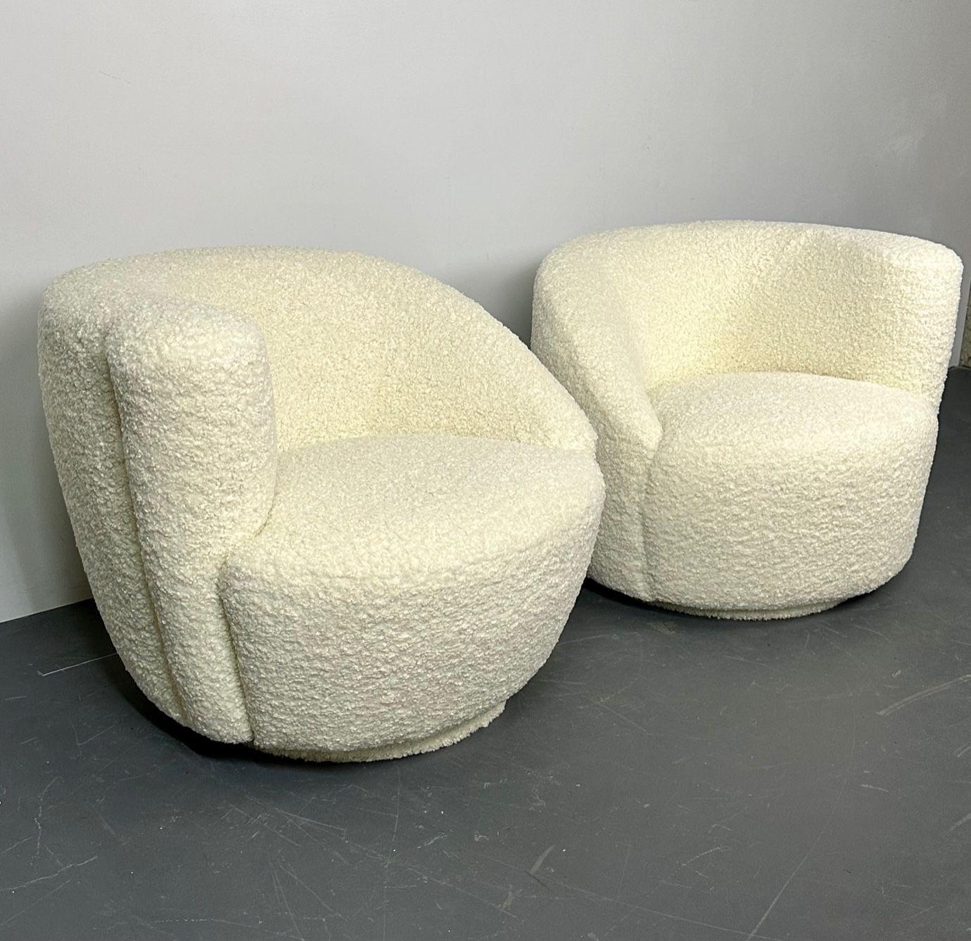 Bouclé Mid-Century Modern Swivel Chairs, Kidney-Shape, White Boucle For Sale