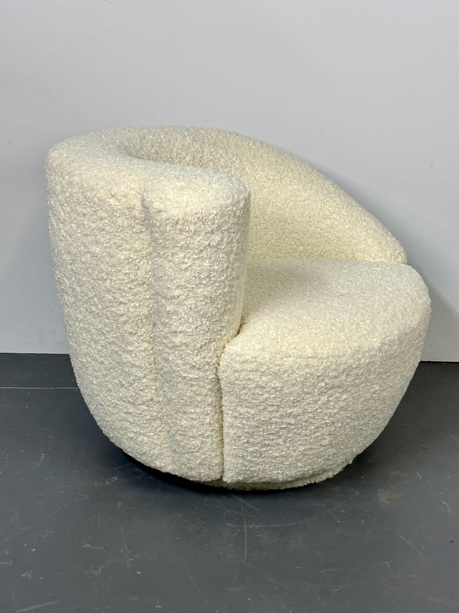 Mid-Century Modern Swivel Chairs, Kidney-Shape, White Boucle For Sale 3