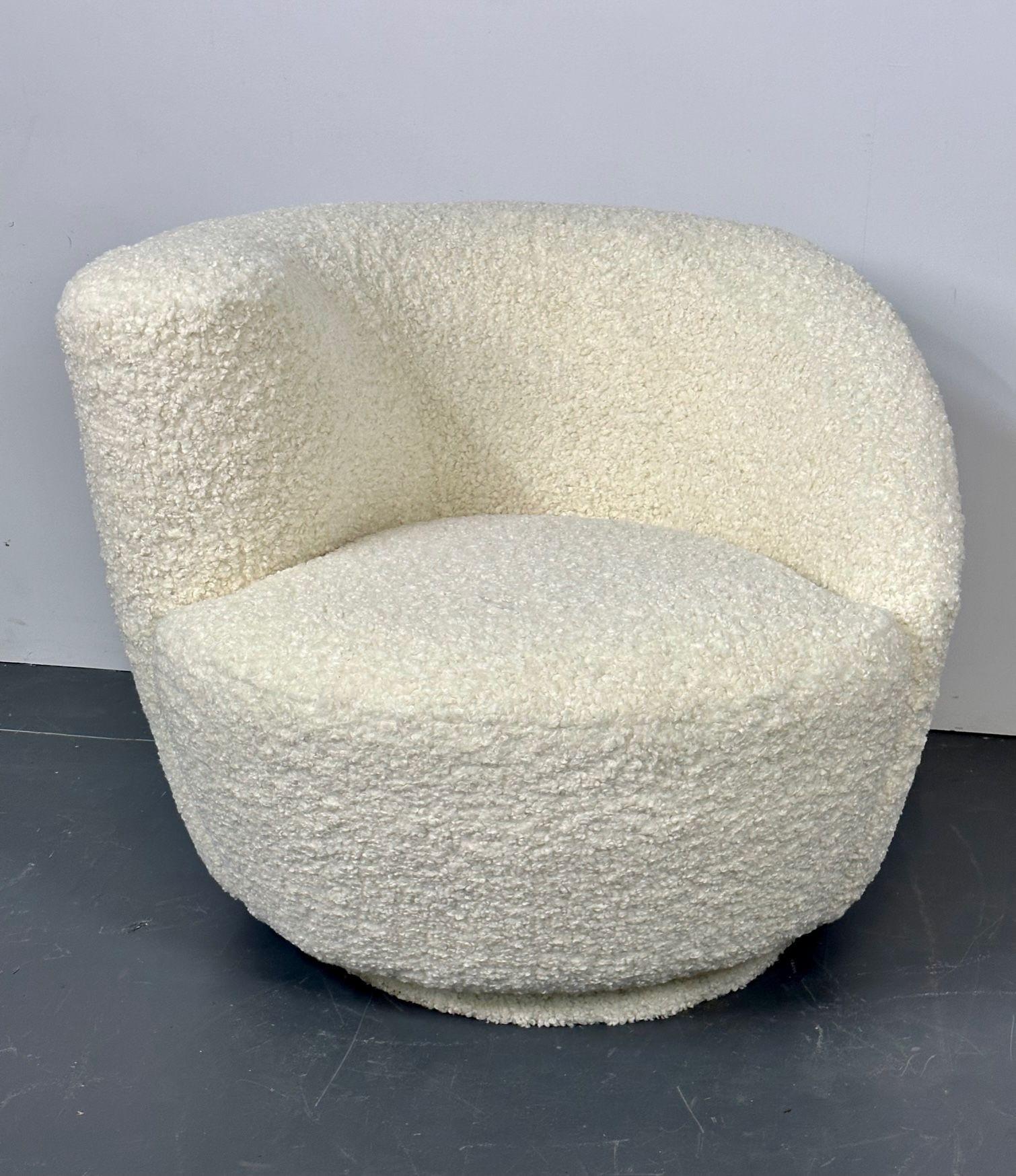 Mid-Century Modern Swivel Chairs, Kidney-Shape, White Boucle For Sale 4