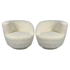 Mid-Century Modern Nautilus Style Swivel Chairs, Kidney-Shape, White Boucle
