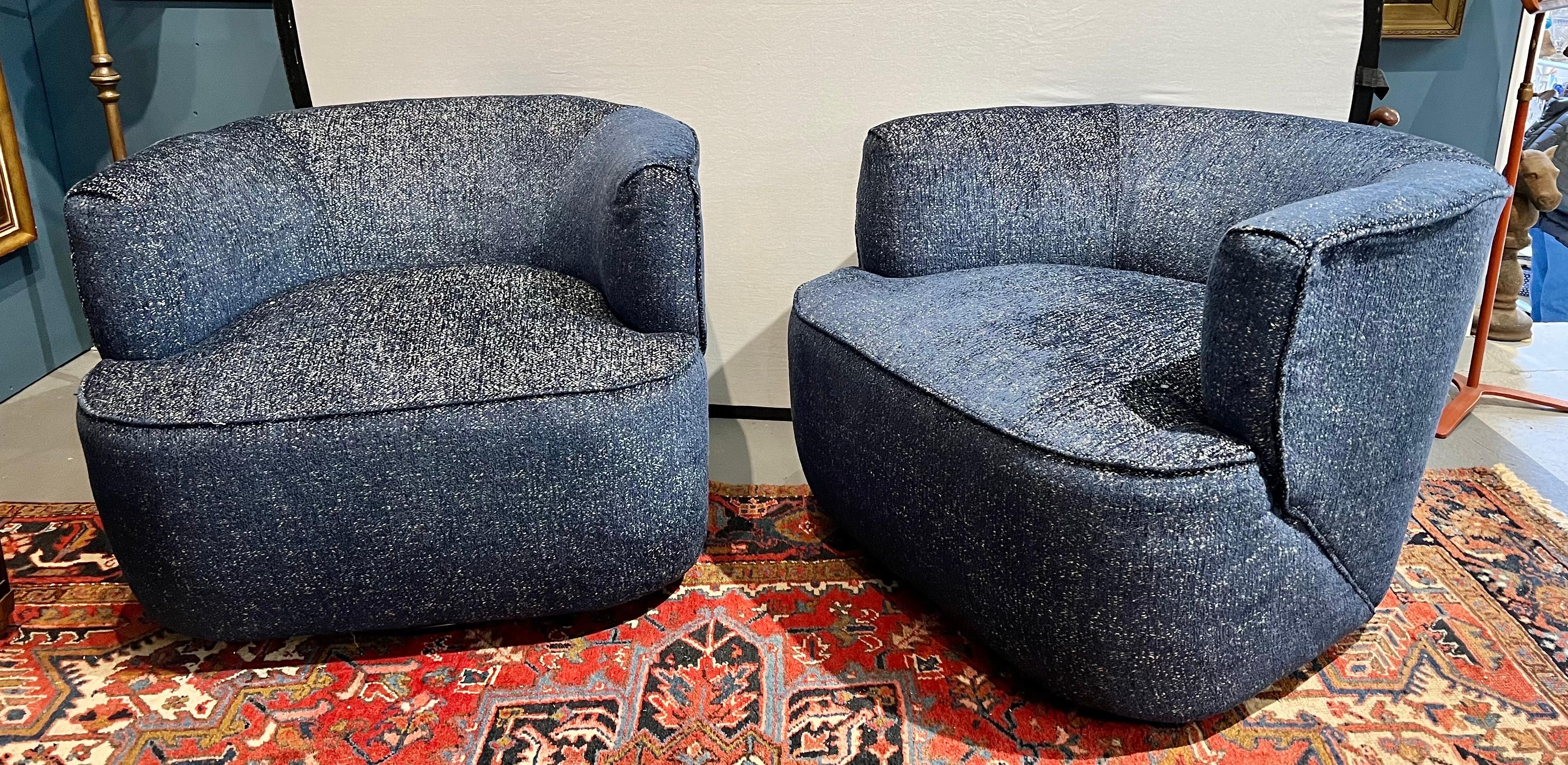 Mid-Century Modern Mid Century Modern Navy Blue Swivel Chairs New Upholstery 