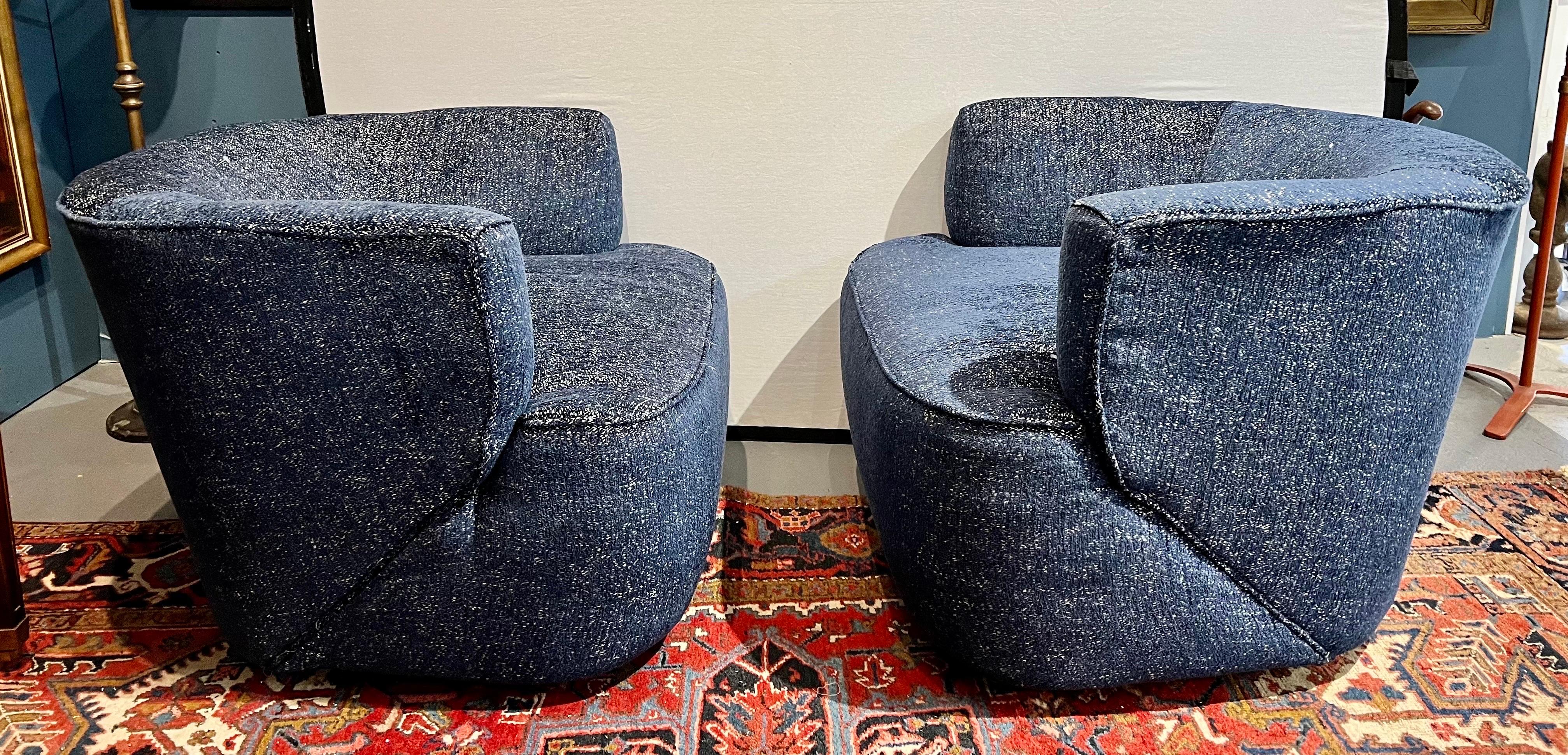 American Mid Century Modern Navy Blue Swivel Chairs New Upholstery 