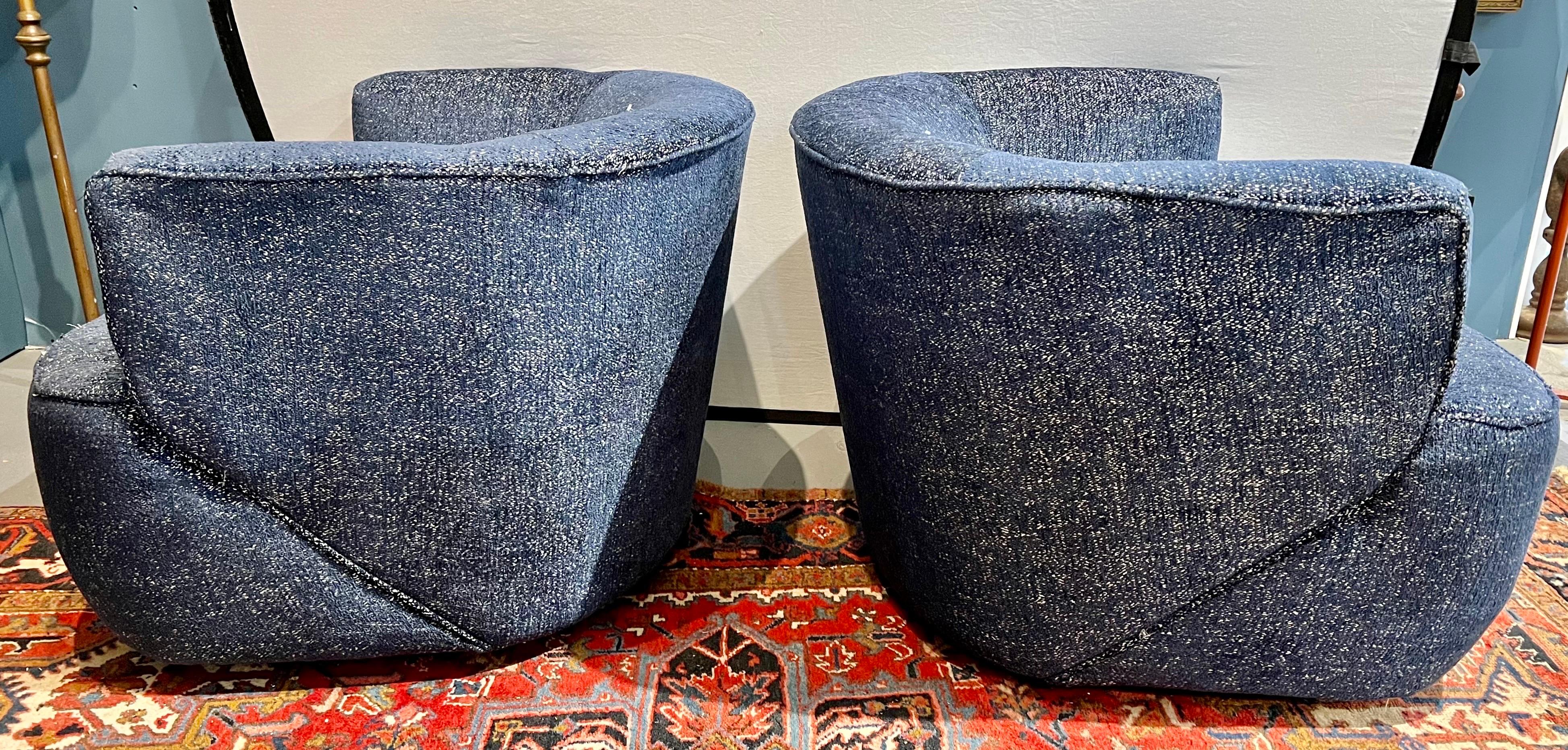 Mid Century Modern Navy Blue Swivel Chairs New Upholstery  In Good Condition In West Hartford, CT