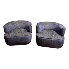 Vintage Mid Century Modern Navy Blue Swivel Chairs New Upholstery