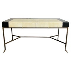 Mid Century Modern Neoclassical Style Desk, Black Leather with Greek Key, Metal