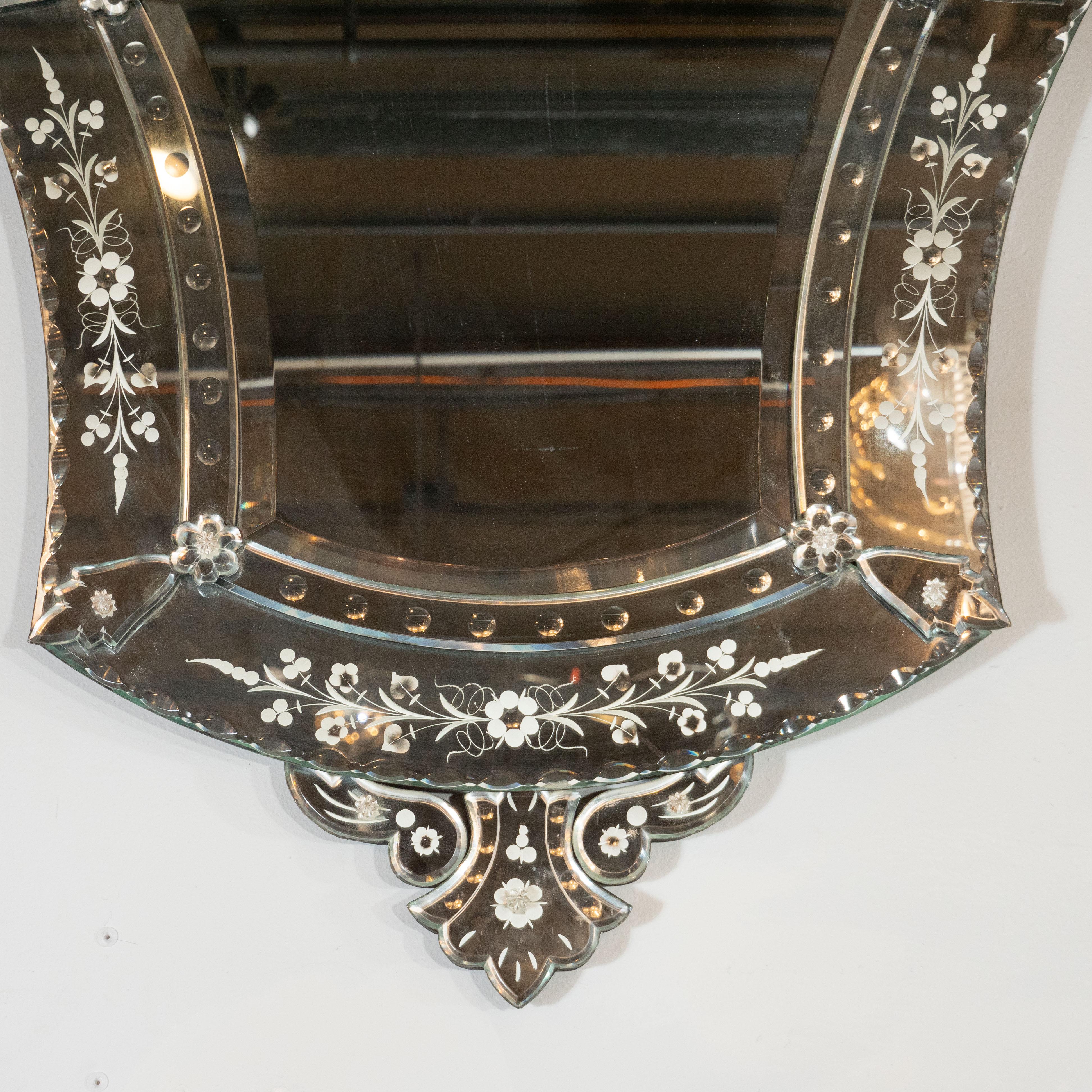 American Mid-Century Modern Neoclassical Venetian Cartouche Form Chain Bevelled Mirror