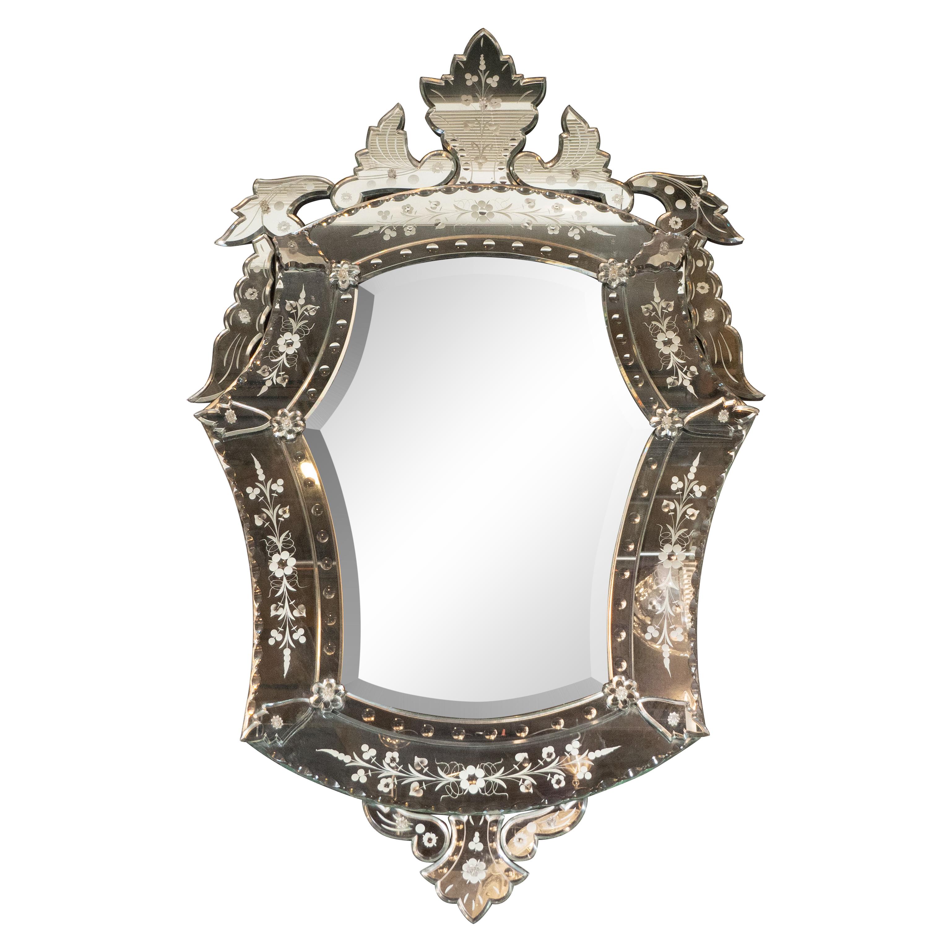 Mid-Century Modern Neoclassical Venetian Cartouche Form Chain Bevelled Mirror