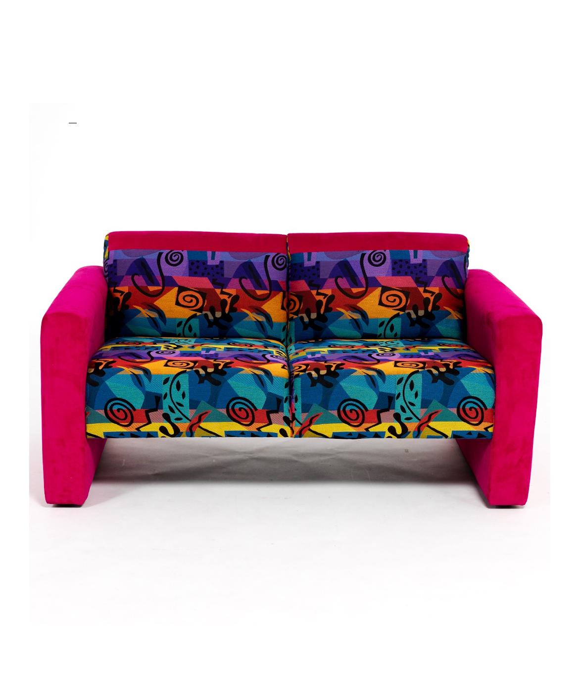 Post-Modern Mid century modern neon pink wild 1980s upholstered loveseat sofa For Sale