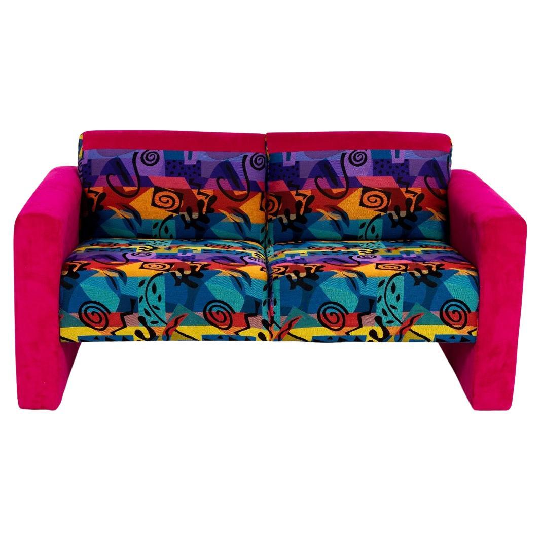 Mid century modern neon pink wild 1980s upholstered loveseat sofa For Sale