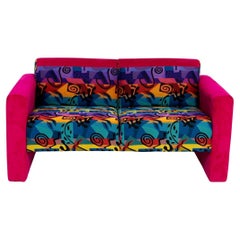 Mid century modern neon pink wild 1980s upholstered loveseat sofa