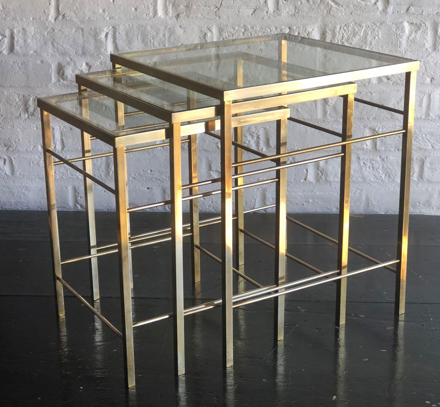 Late 20th Century Mid-Century Modern Nest of 3 Brass & Glass Tables, Italian, 1970s