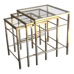 Mid-Century Modern Nest of 3 Brass & Glass Tables, Italian, 1970s