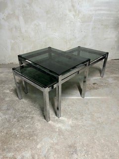 Mid-Century Modern Nesting Tables, Chrome Frame & Dark Glass, C1980