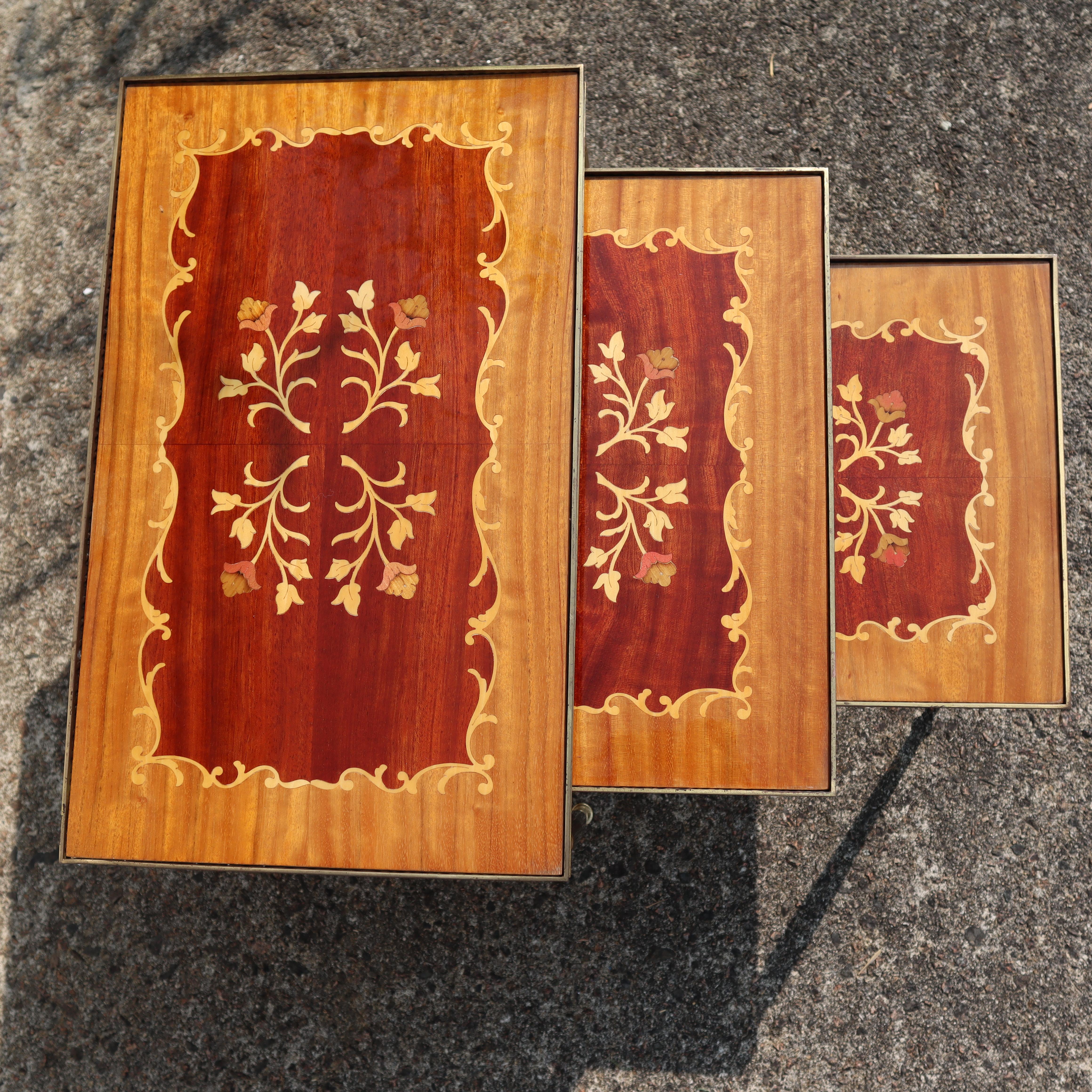 Mid-Century Modern Nesting Tables- Set of 3 Brass - Marquetry Accent Tables-60s 5