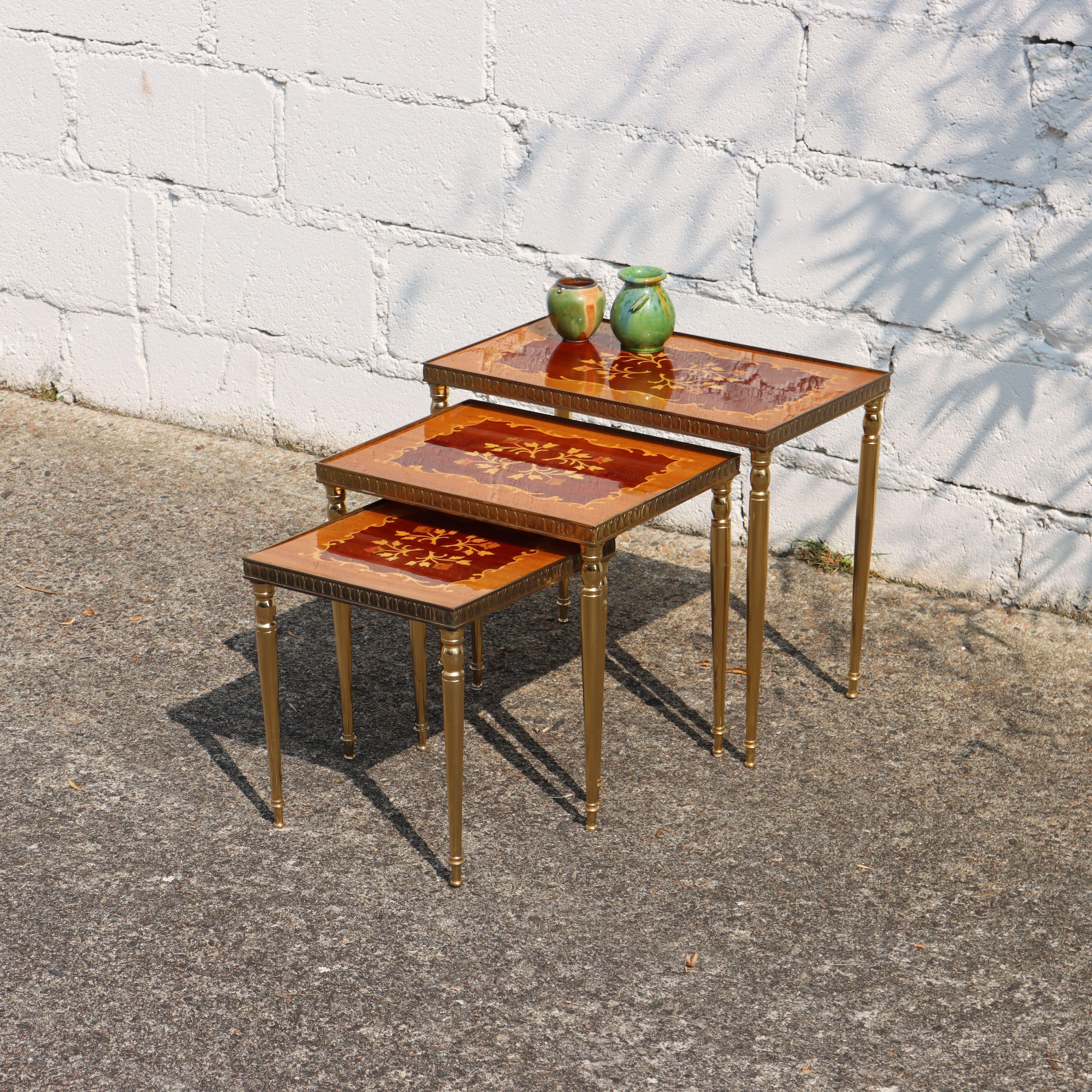 Mid-Century Modern Nesting Tables- Set of 3 Brass - Marquetry Accent Tables-60s 7