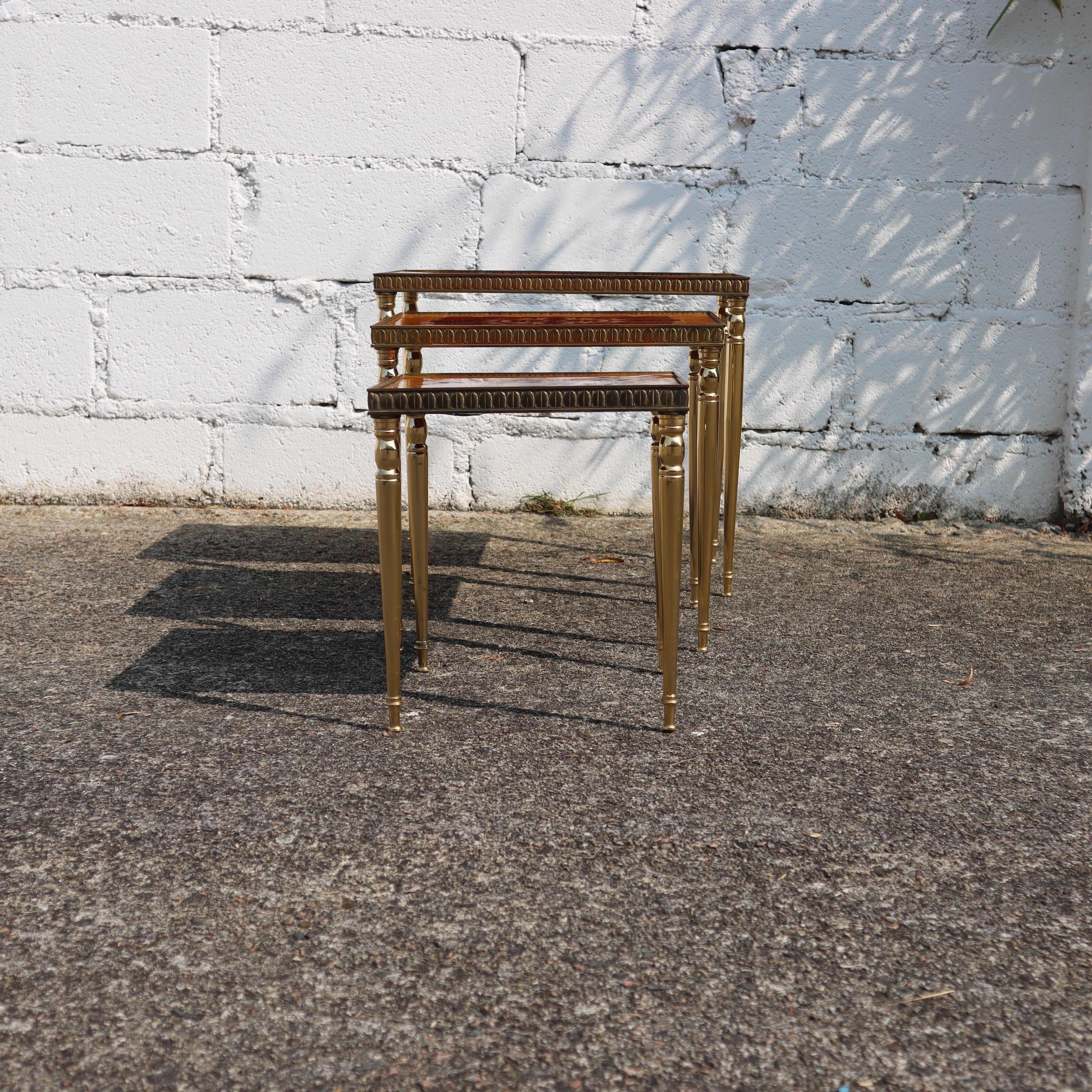 Mid-Century Modern Nesting Tables- Set of 3 Brass - Marquetry Accent Tables-60s 8