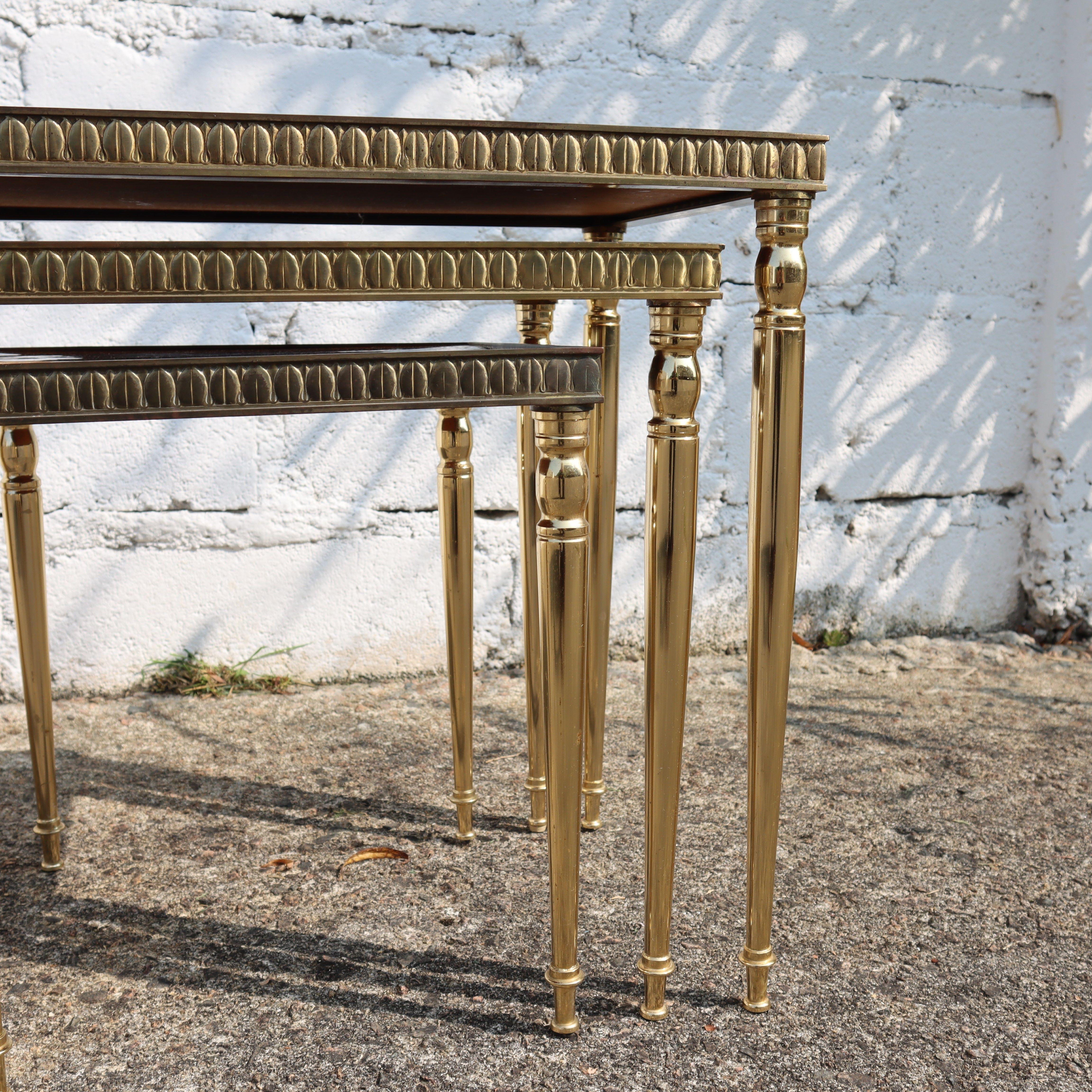 Mid-Century Modern Nesting Tables- Set of 3 Brass - Marquetry Accent Tables-60s 9