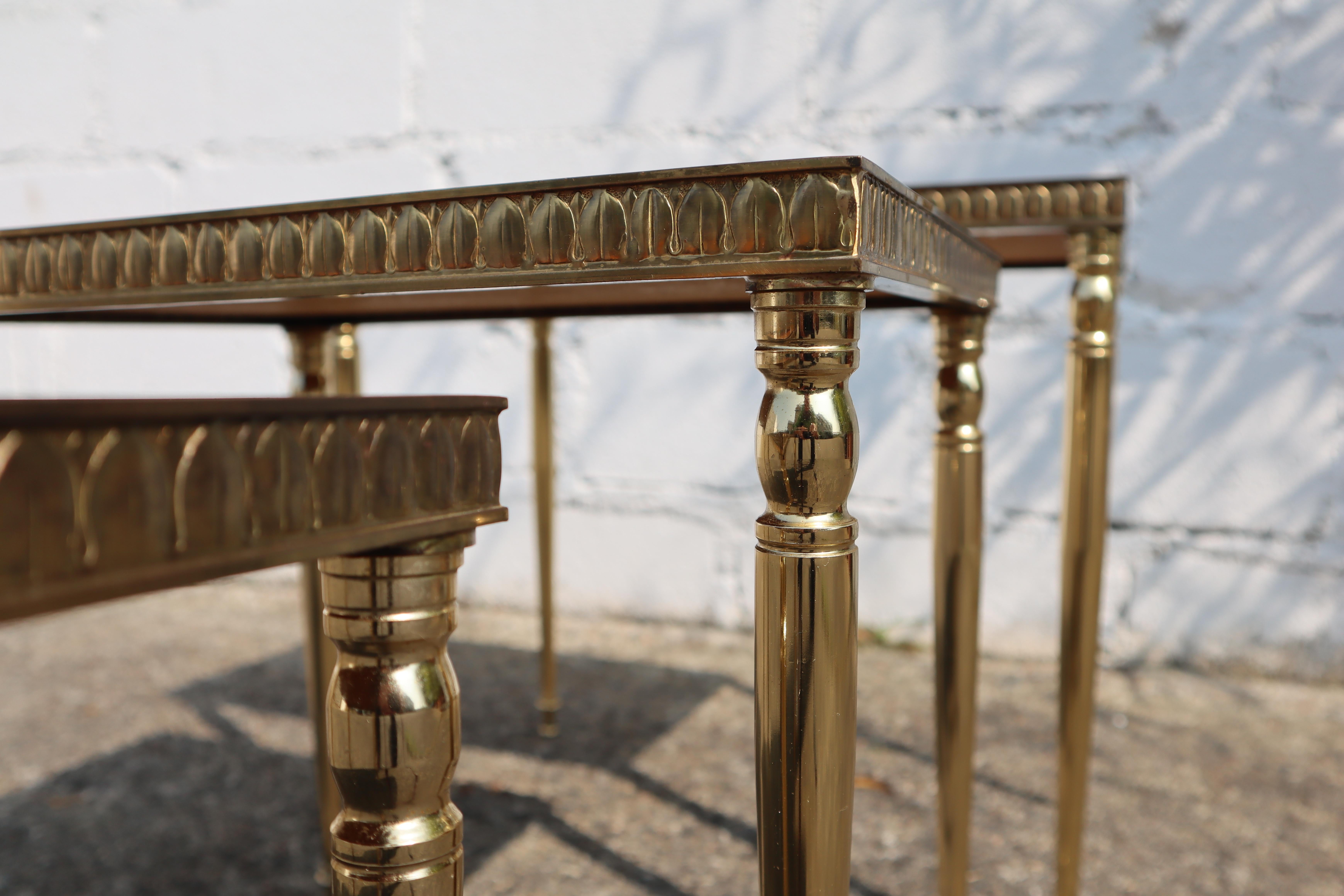 Mid-Century Modern Nesting Tables- Set of 3 Brass - Marquetry Accent Tables-60s 10
