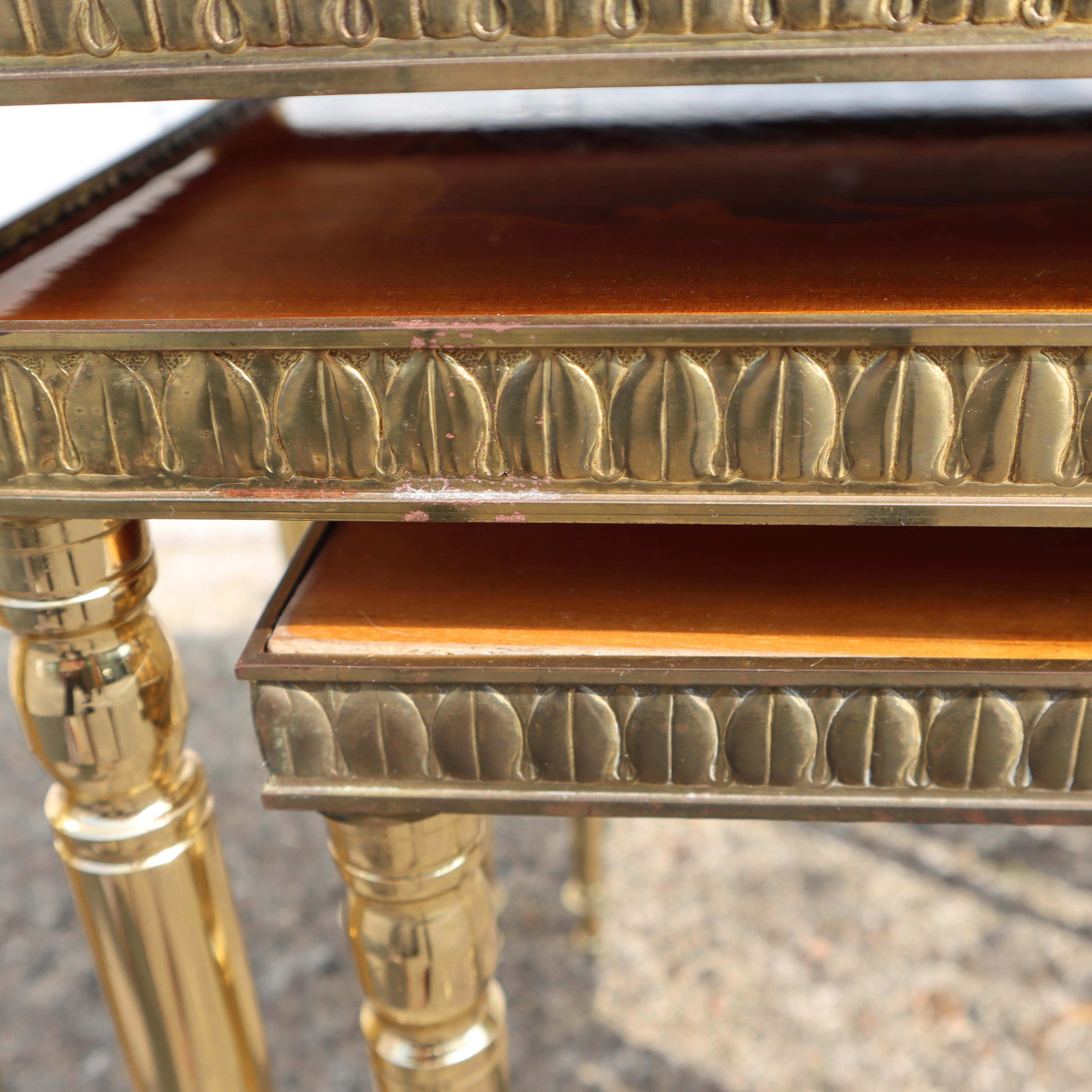 Mid-Century Modern Nesting Tables- Set of 3 Brass - Marquetry Accent Tables-60s 11