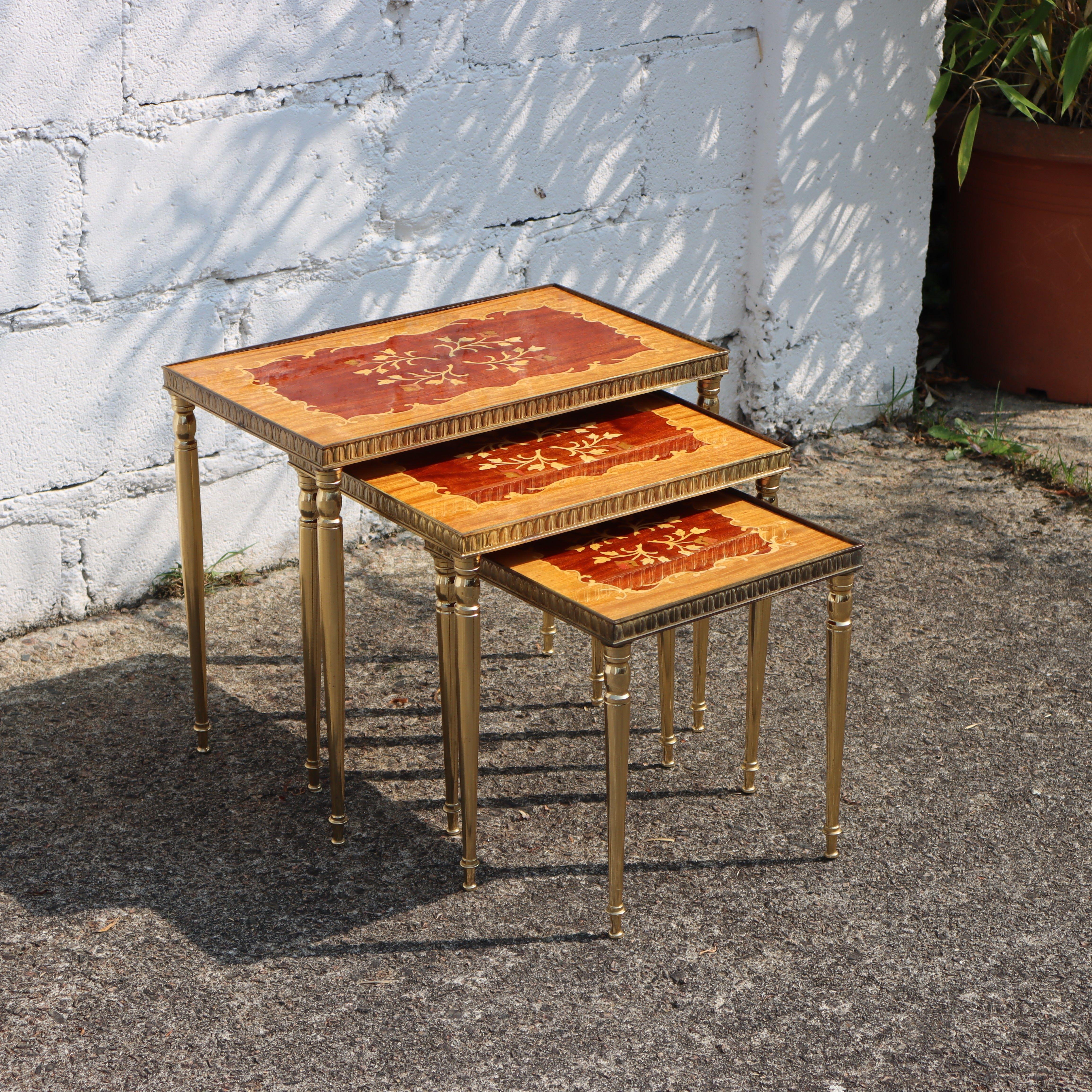 Neoclassical Revival Mid-Century Modern Nesting Tables- Set of 3 Brass - Marquetry Accent Tables-60s