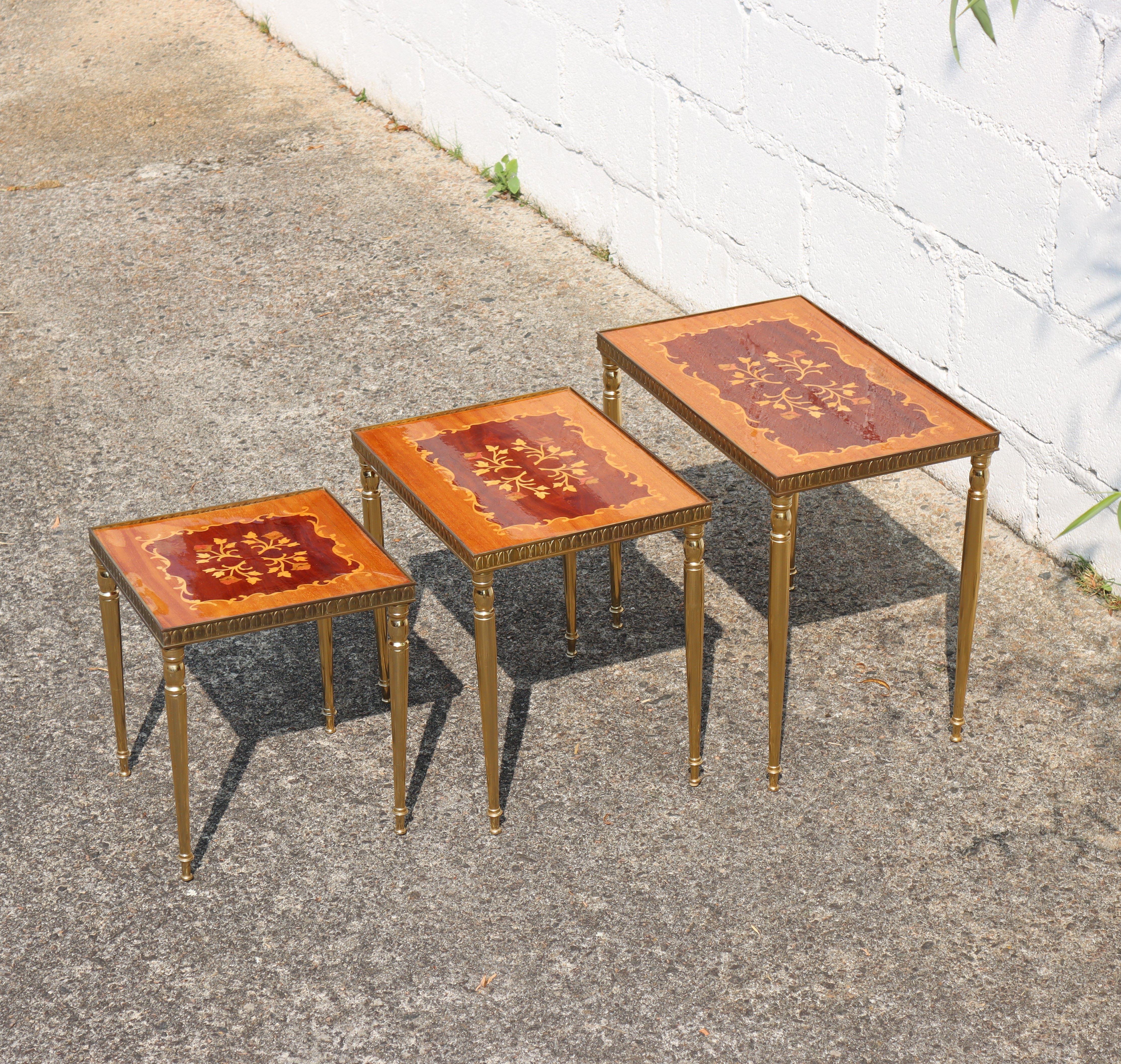 French Mid-Century Modern Nesting Tables- Set of 3 Brass - Marquetry Accent Tables-60s