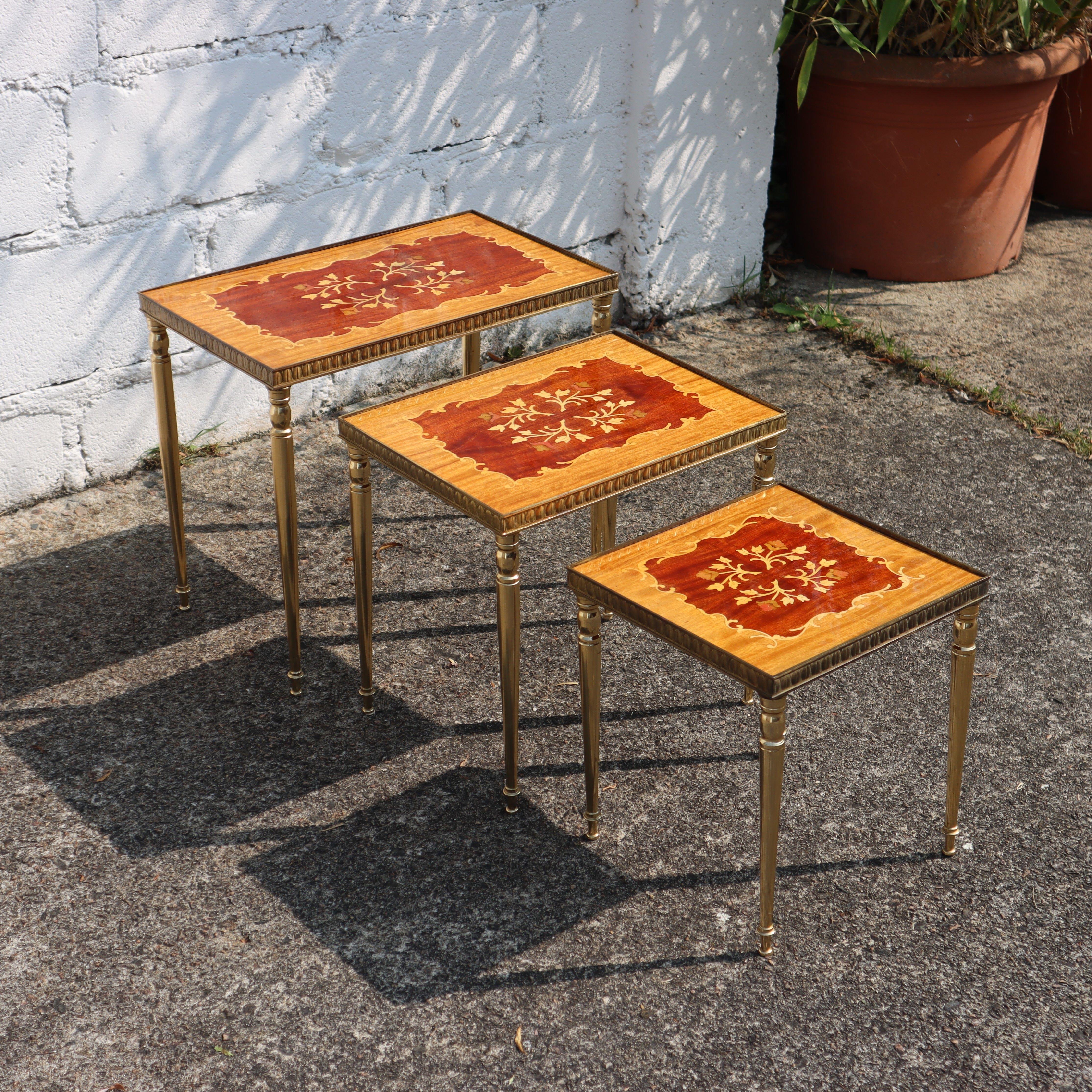 Hand-Crafted Mid-Century Modern Nesting Tables- Set of 3 Brass - Marquetry Accent Tables-60s