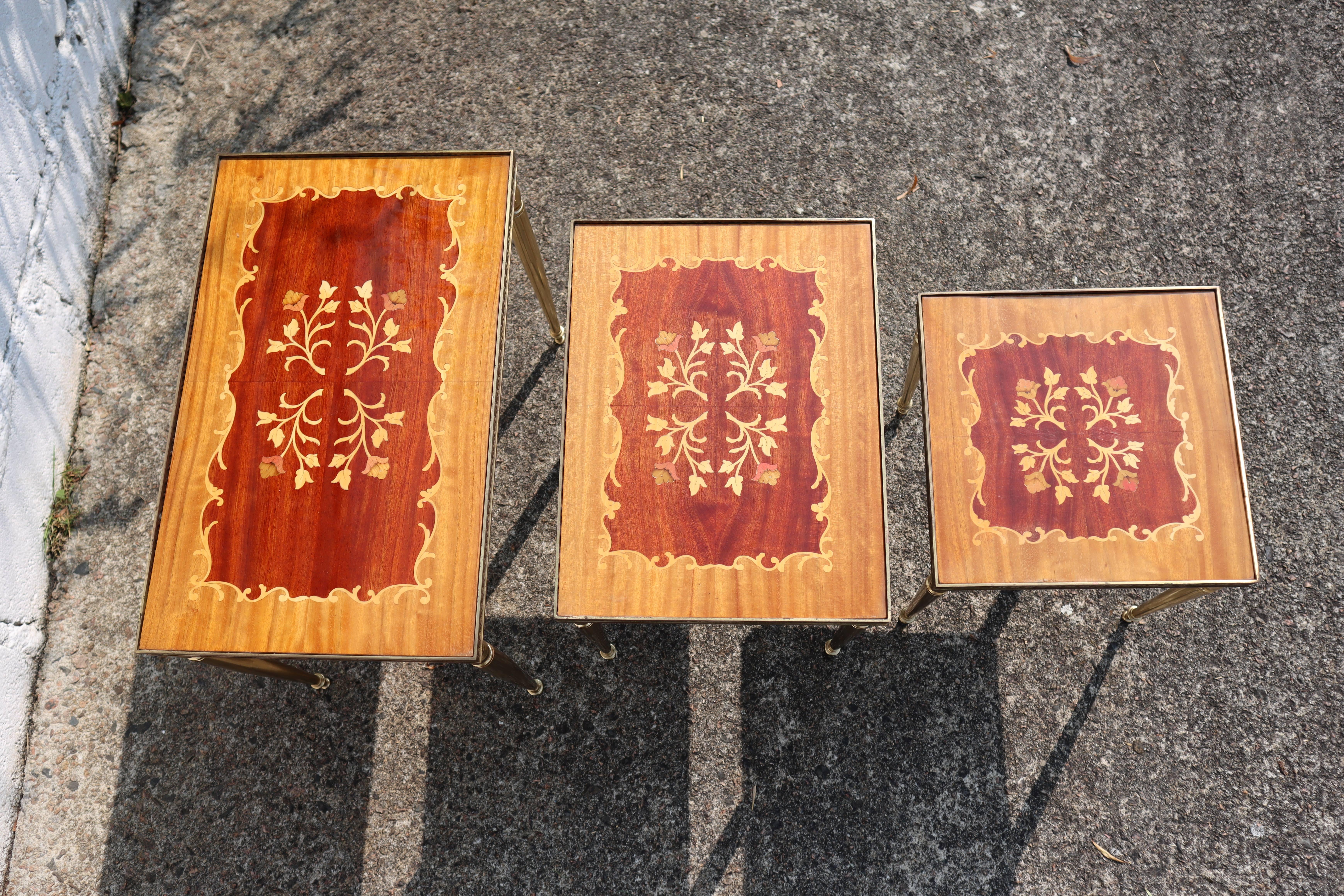 Mid-20th Century Mid-Century Modern Nesting Tables- Set of 3 Brass - Marquetry Accent Tables-60s