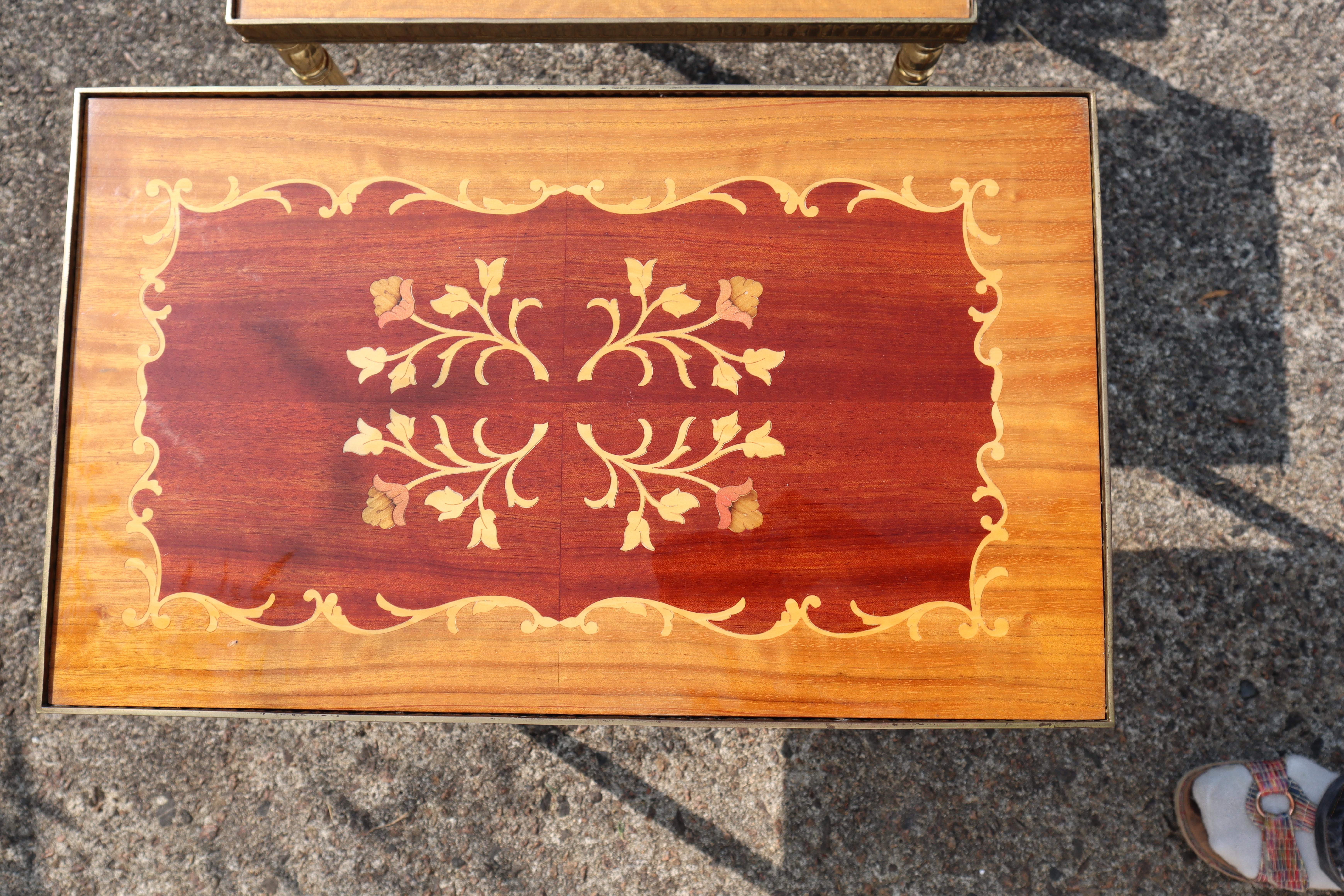 Mid-Century Modern Nesting Tables- Set of 3 Brass - Marquetry Accent Tables-60s 2