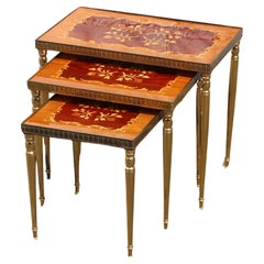 Mid-Century Modern Nesting Tables- Set of 3 Brass - Marquetry Accent Tables-60s