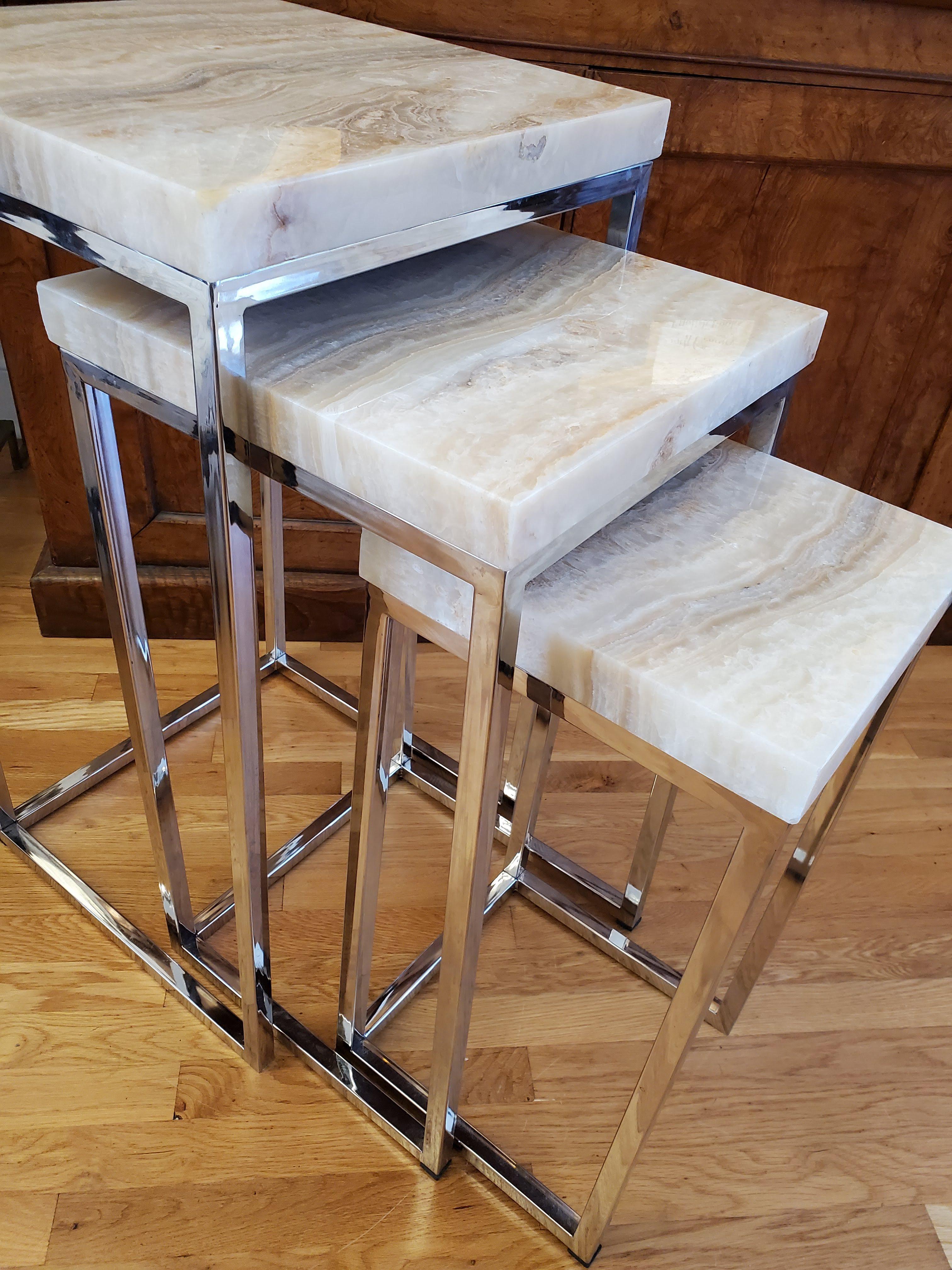 Mid-Century Modern Nesting Tables with White Onyx Tops and Chrome Legs For Sale 9