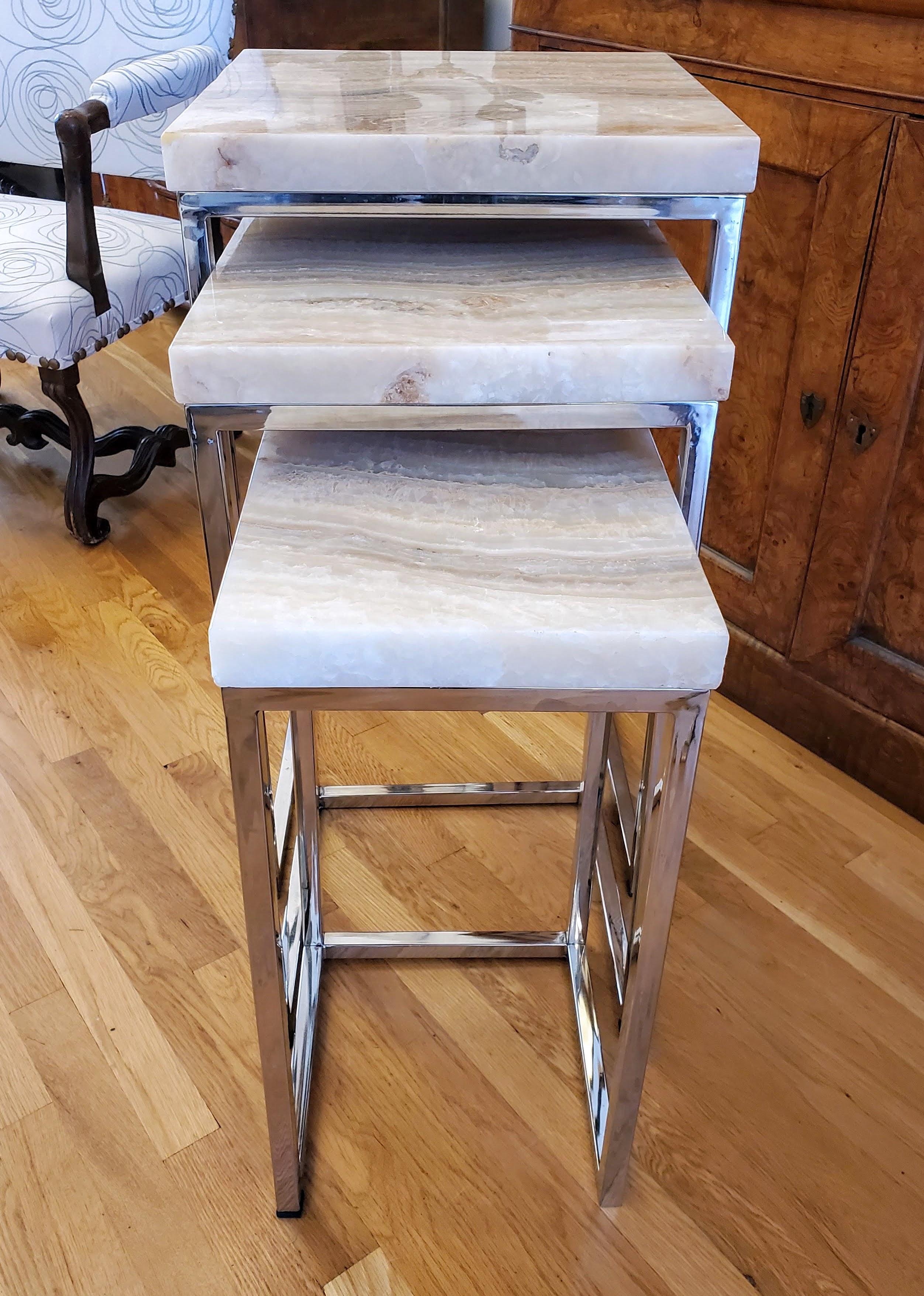 Italian Mid-Century Modern Nesting Tables with White Onyx Tops and Chrome Legs For Sale