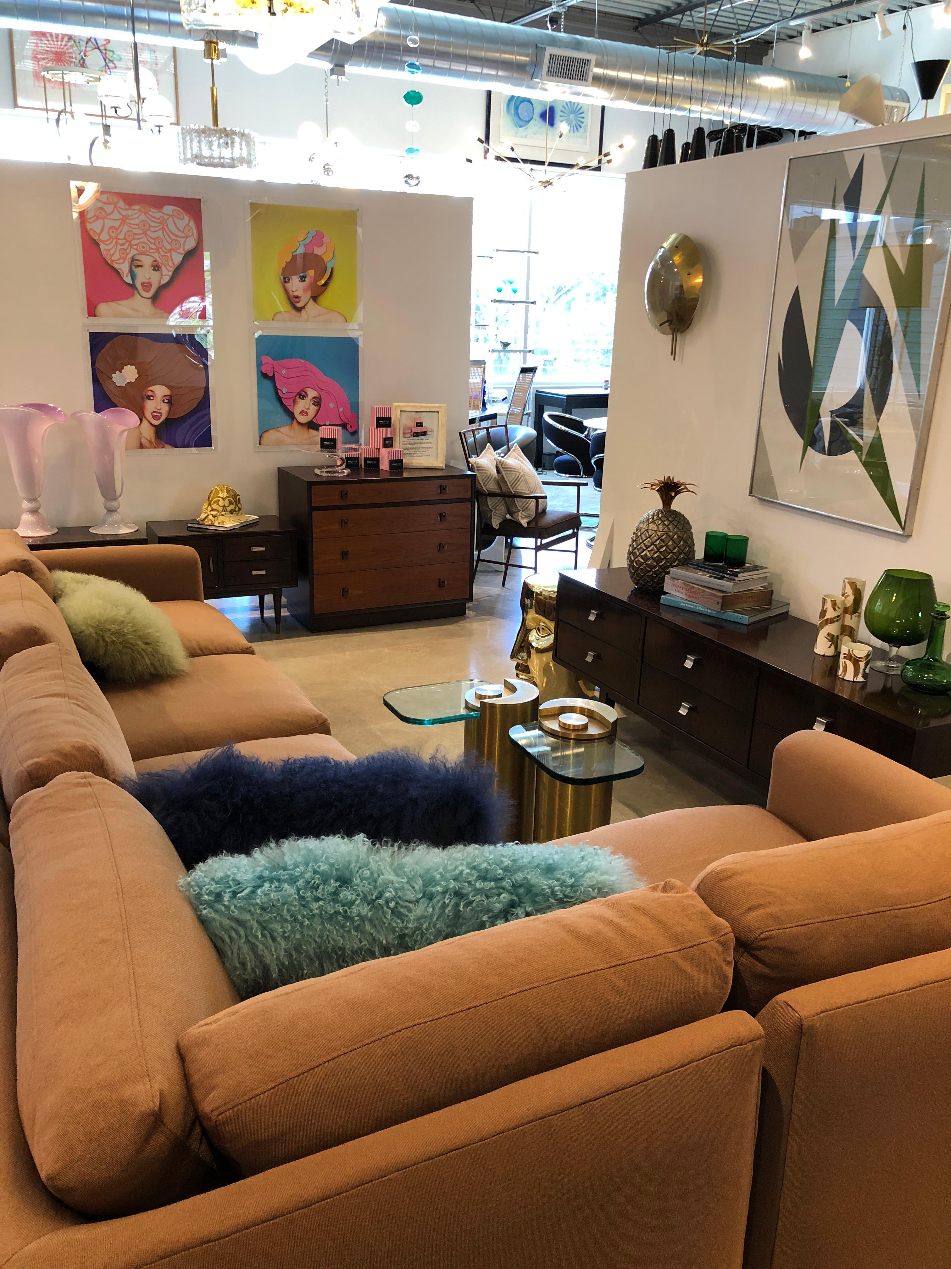 Offered is a newly upholstered in Knoll fabric a mid century modern Milo Baughman style sectional sofa by Thayer Goggin.  Just back from our upholstery shop, this smaller scale five-piece sectional sofa, in the style of Milo Baughman and produced by